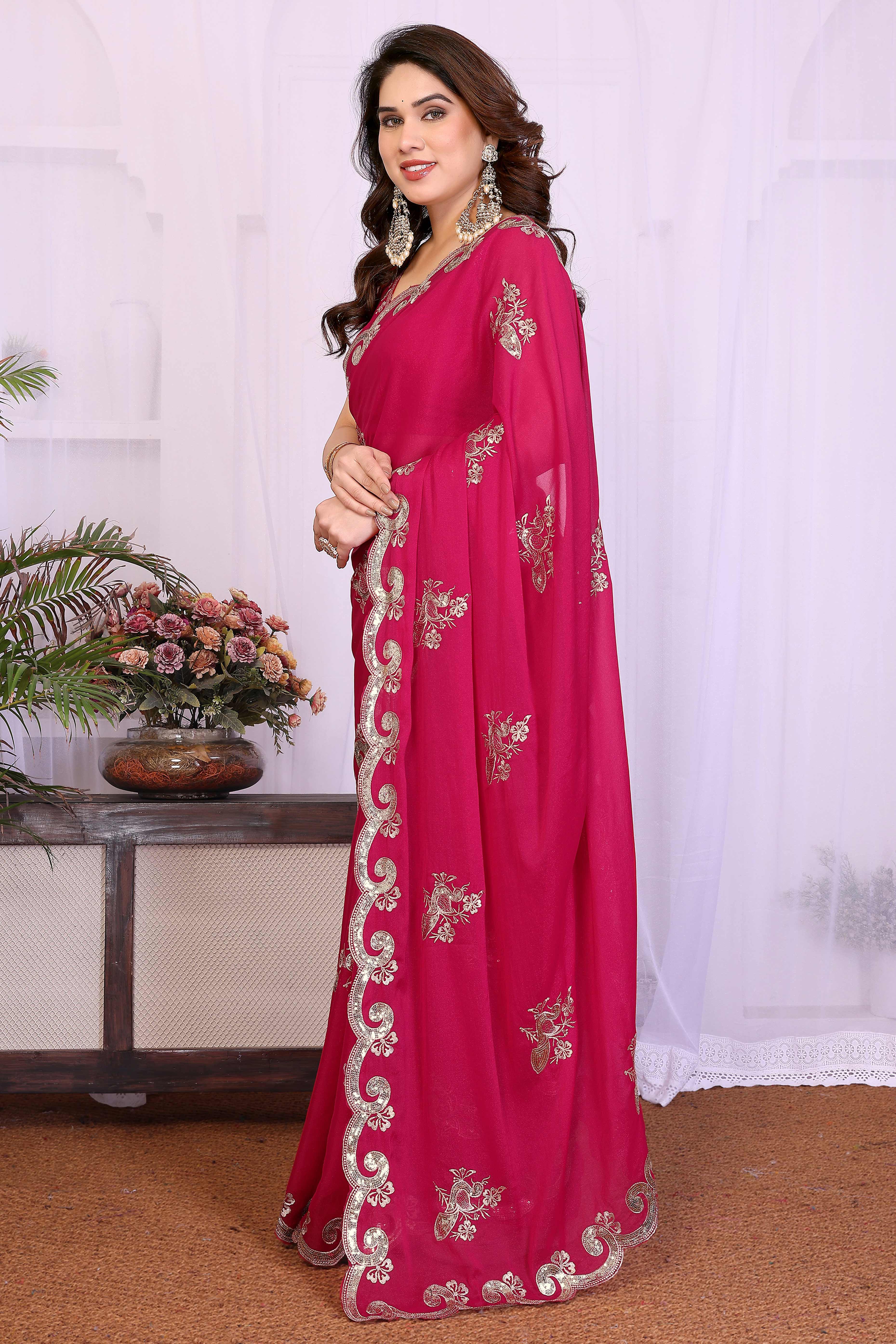 Charming Pink Floral & Peacock Motif Georgette Saree Enhanced With Sequins Embroidery