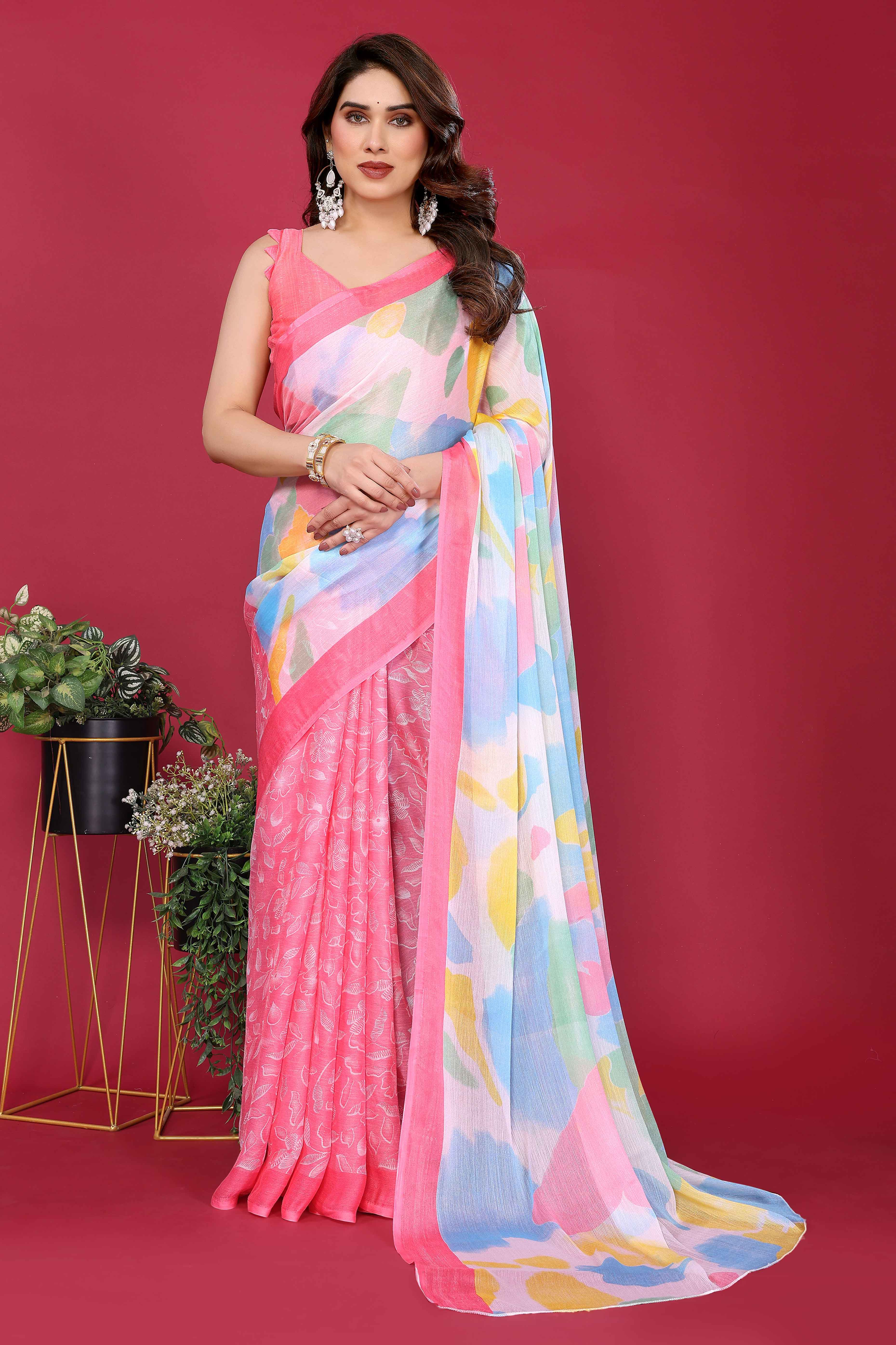 Elegant Gajri Pink Abstract Print Saree in Lightweight Chiffon