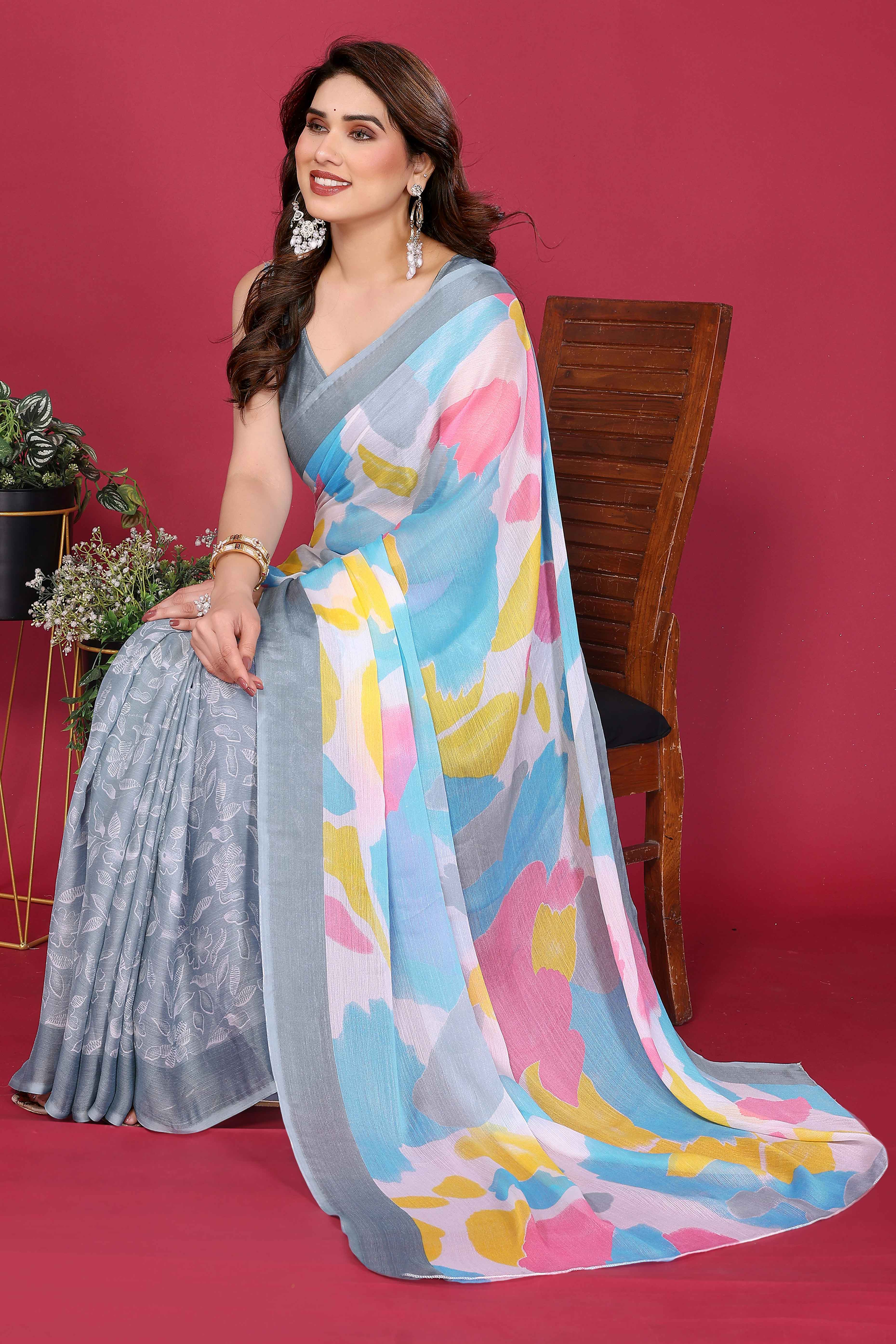 Elegant Grey Abstract Print Saree in Lightweight Chiffon