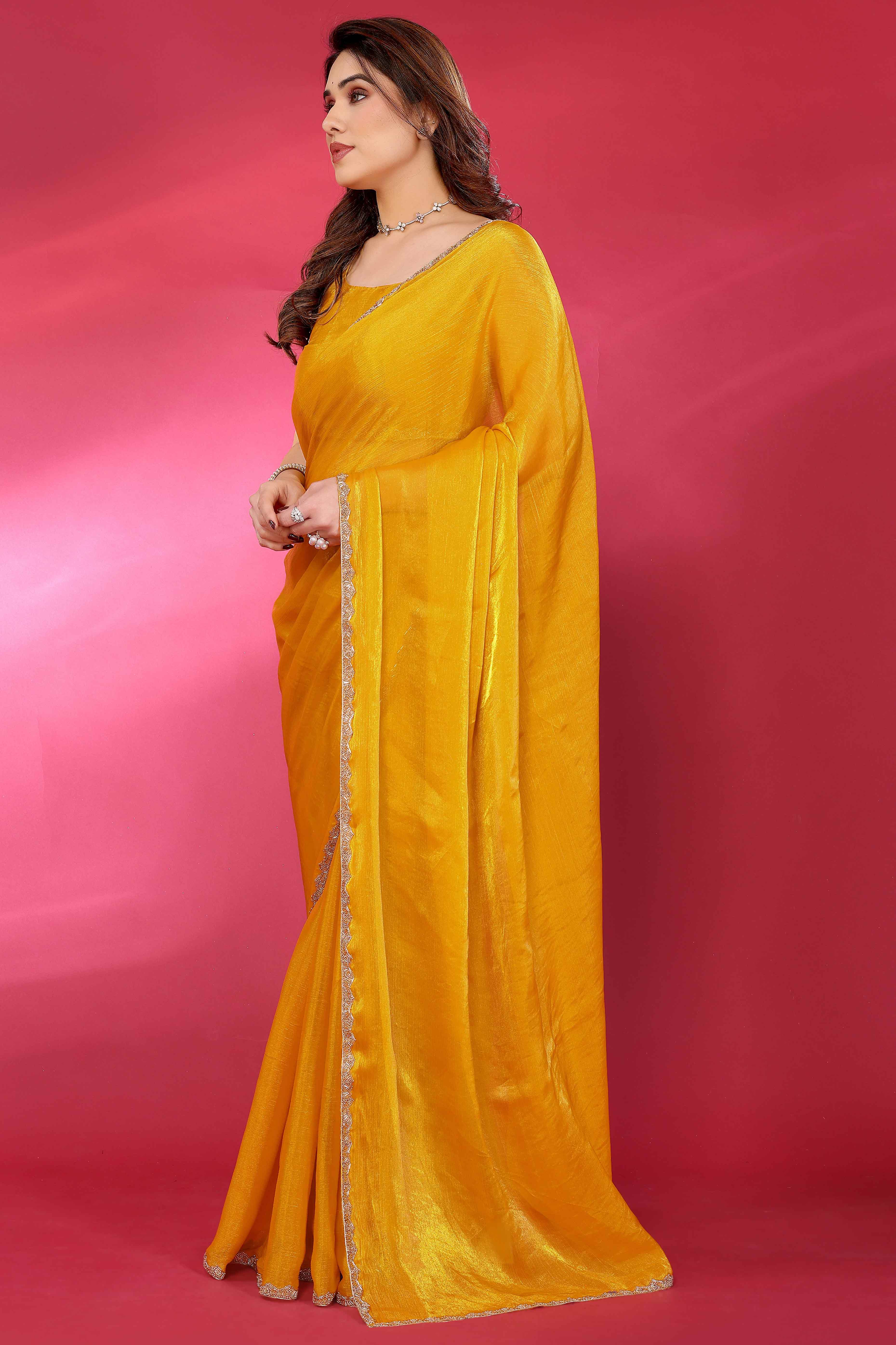 Party Wear Mustard Chiffon Solid Saree with Delicate Border Embellishment