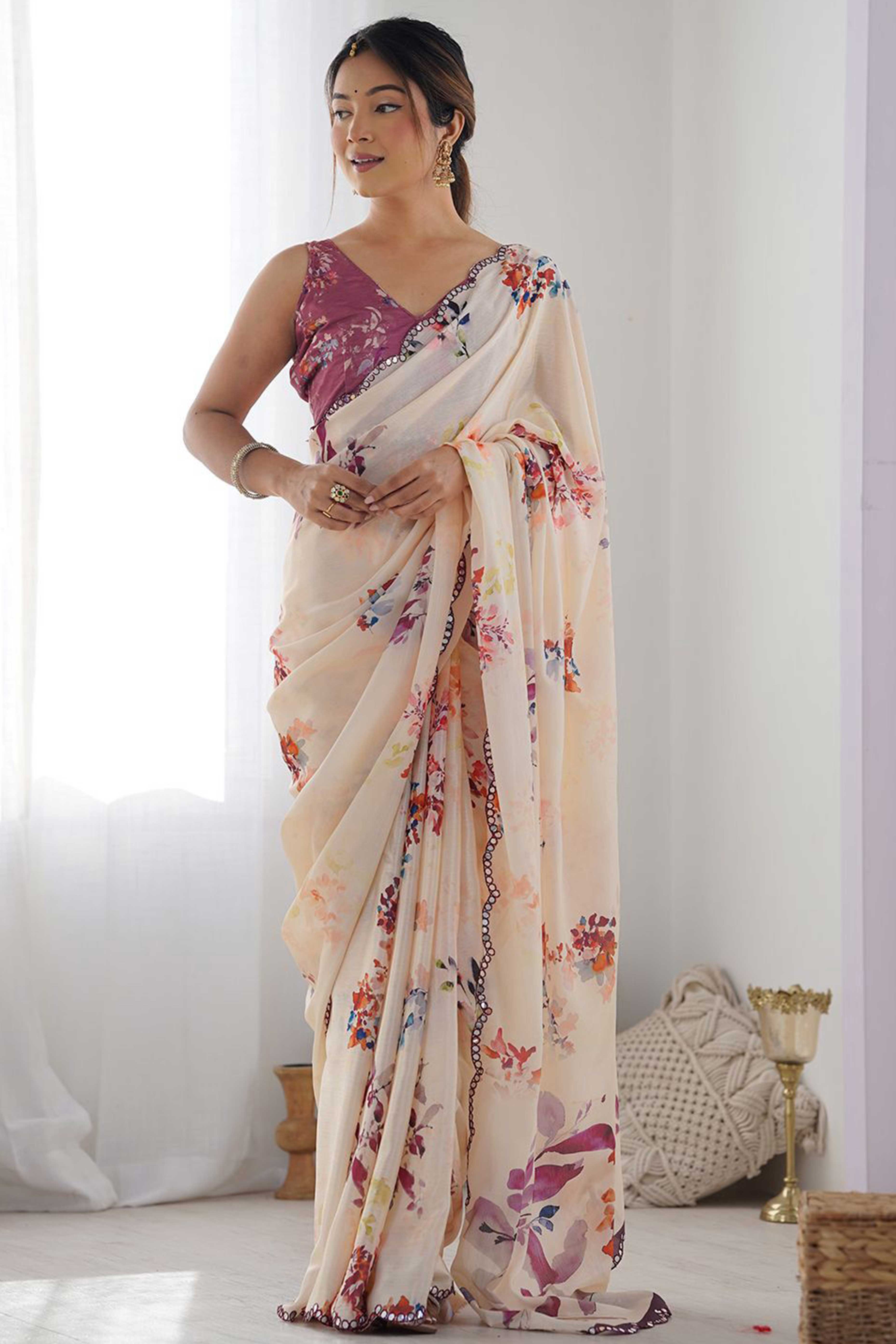 Cream Floral Digital Print Georgette Saree Enhanced With A Sparkling Lace Border