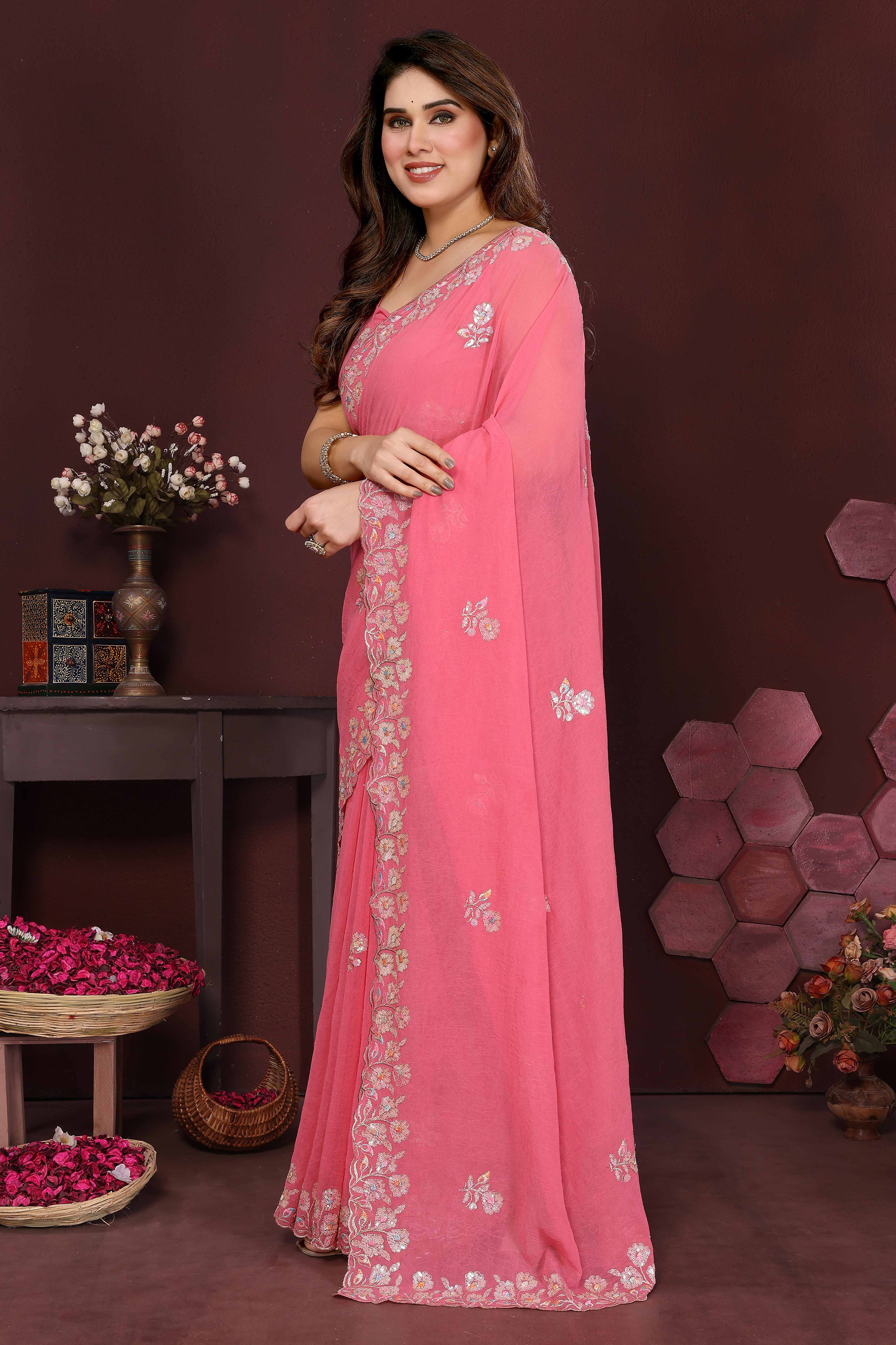 Gajari Pink Georgette Saree Featuring Intricate Floral Sequin Embroidery