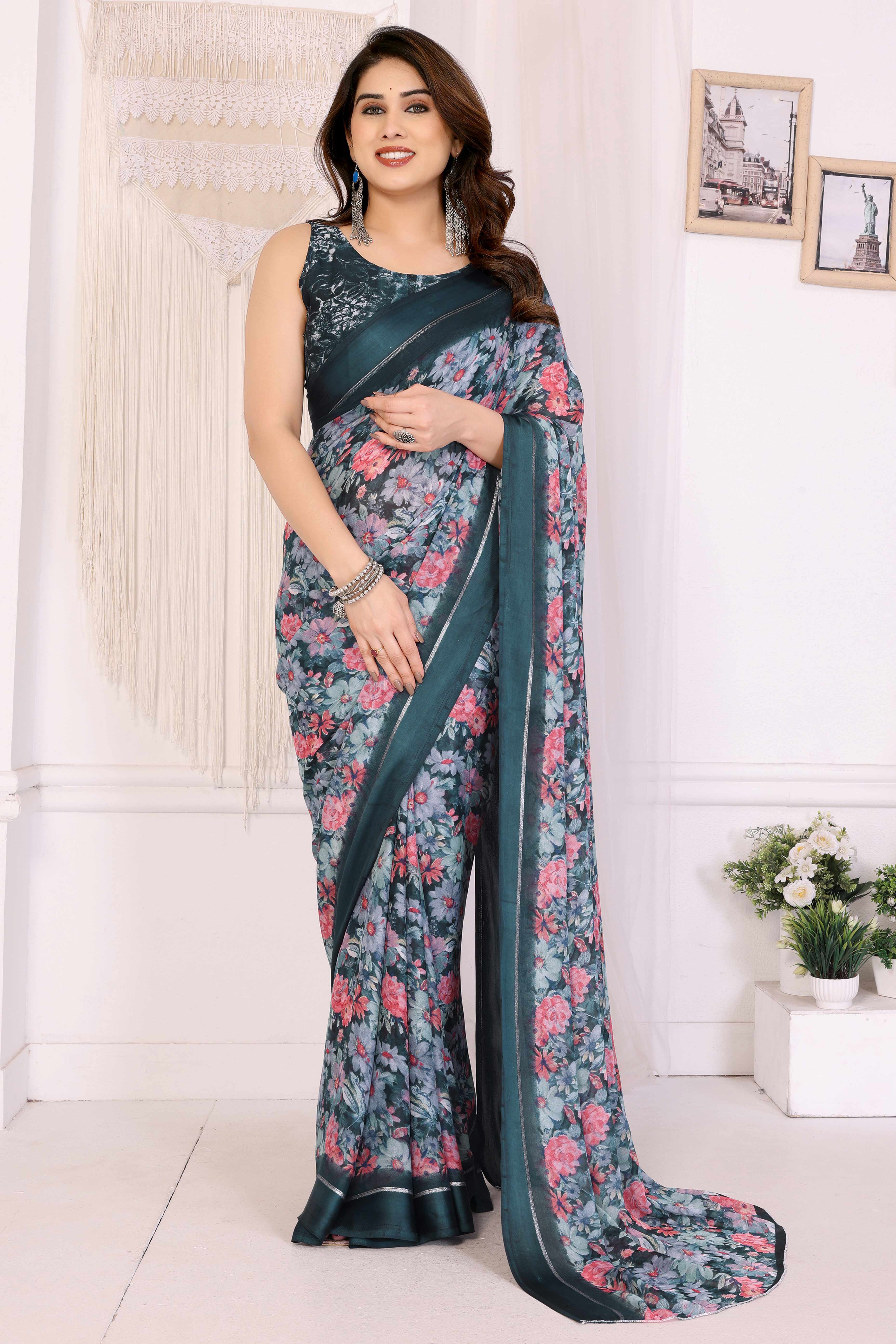 Teal Moss Satin Saree With Blooming Floral Print Design