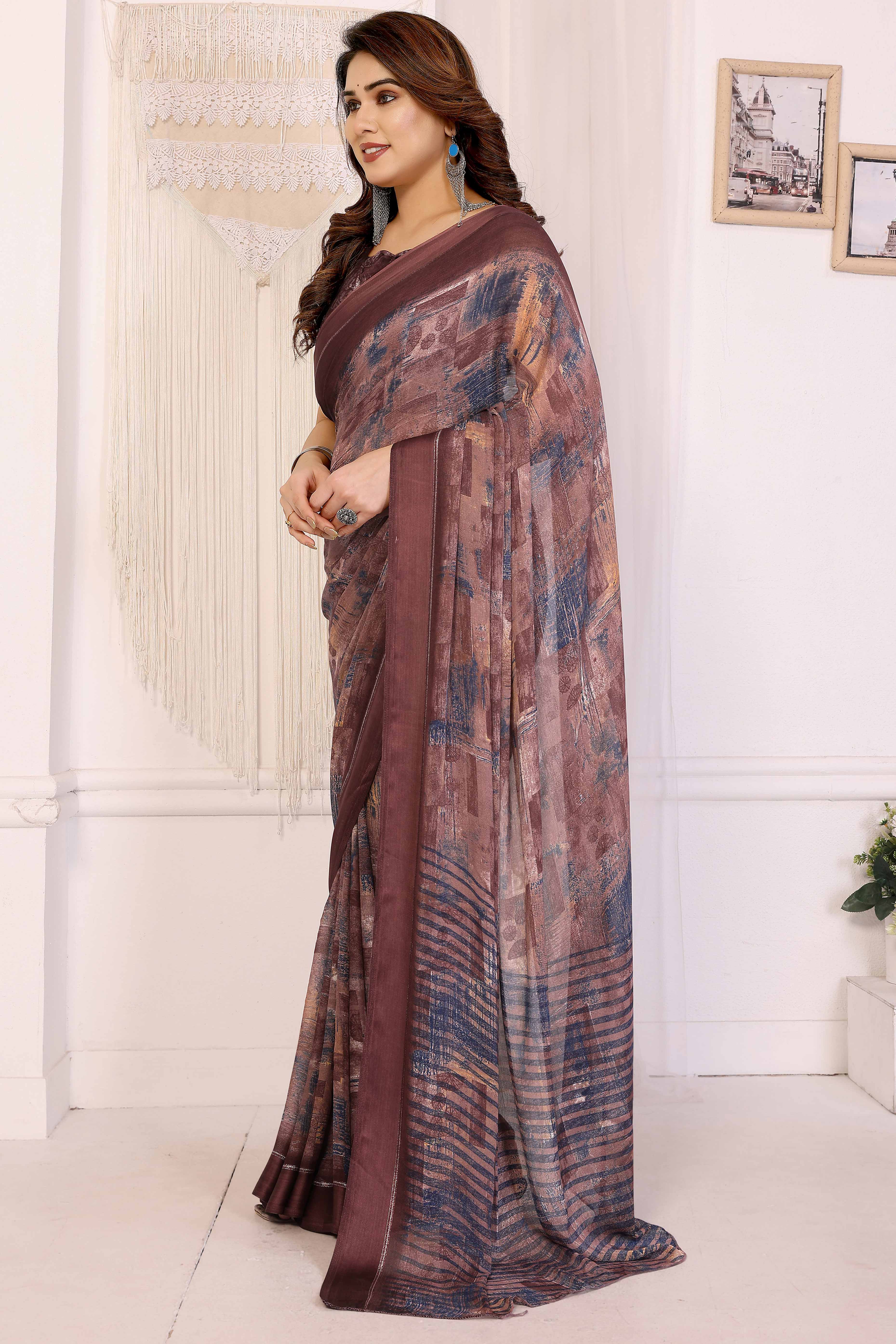 Trendy Brown Saree in Moss Satin with Floral Print Detailing