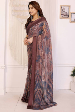 Trendy Brown Saree in Moss Satin with Floral Print Detailing