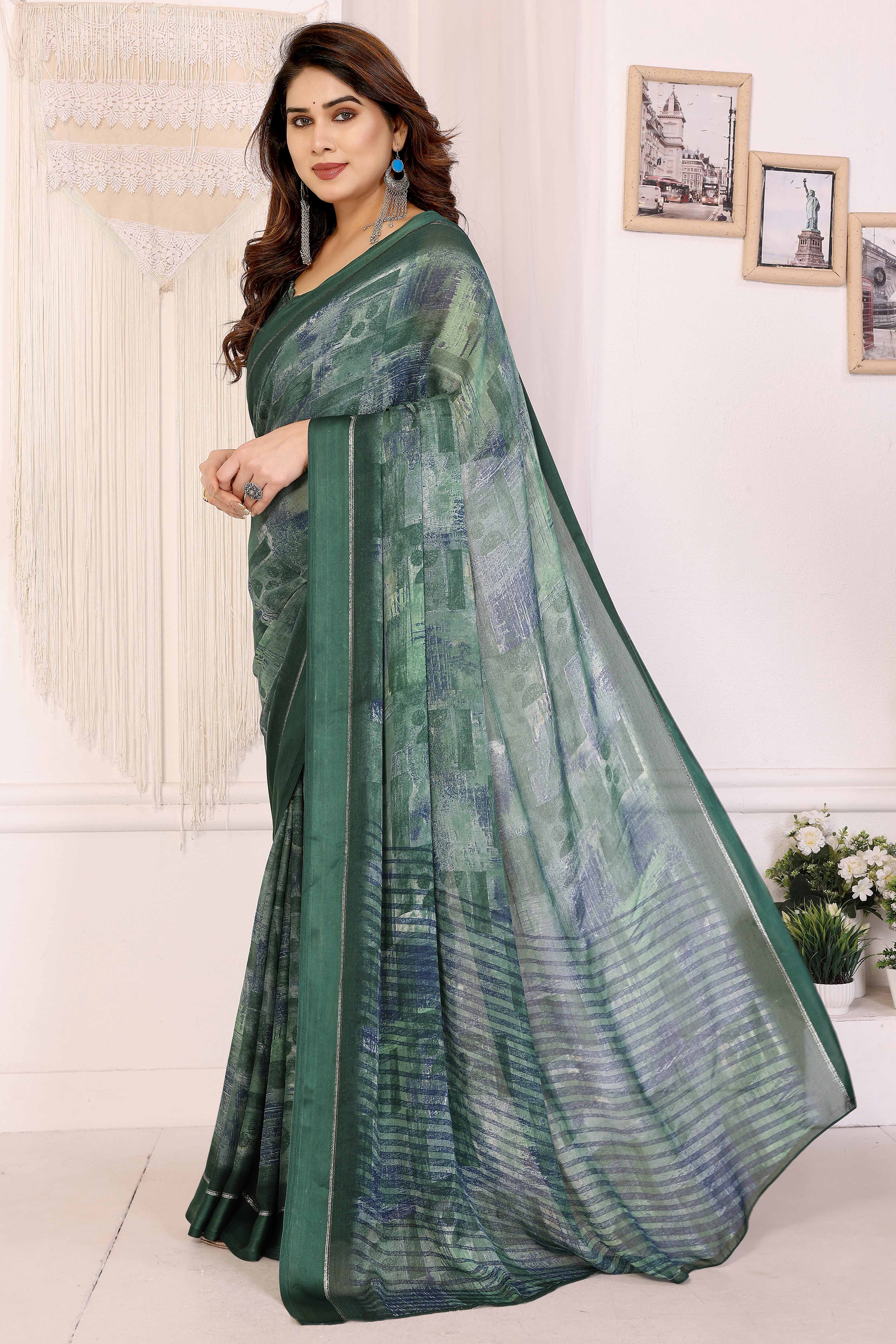 Trendy Green Saree in Moss Satin with Floral Print Detailing