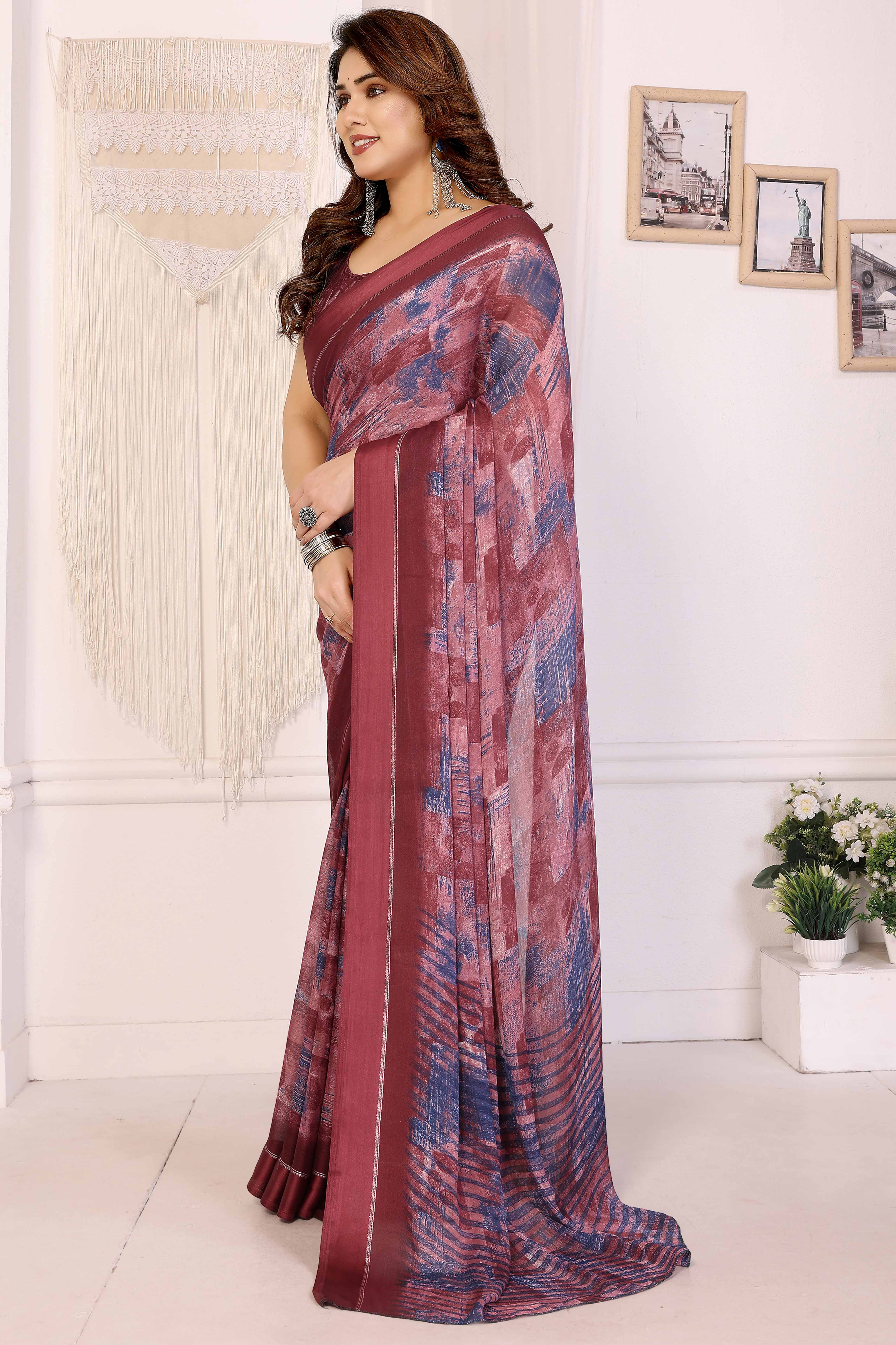 Trendy Maroon Saree in Moss Satin with Floral Print Detailing