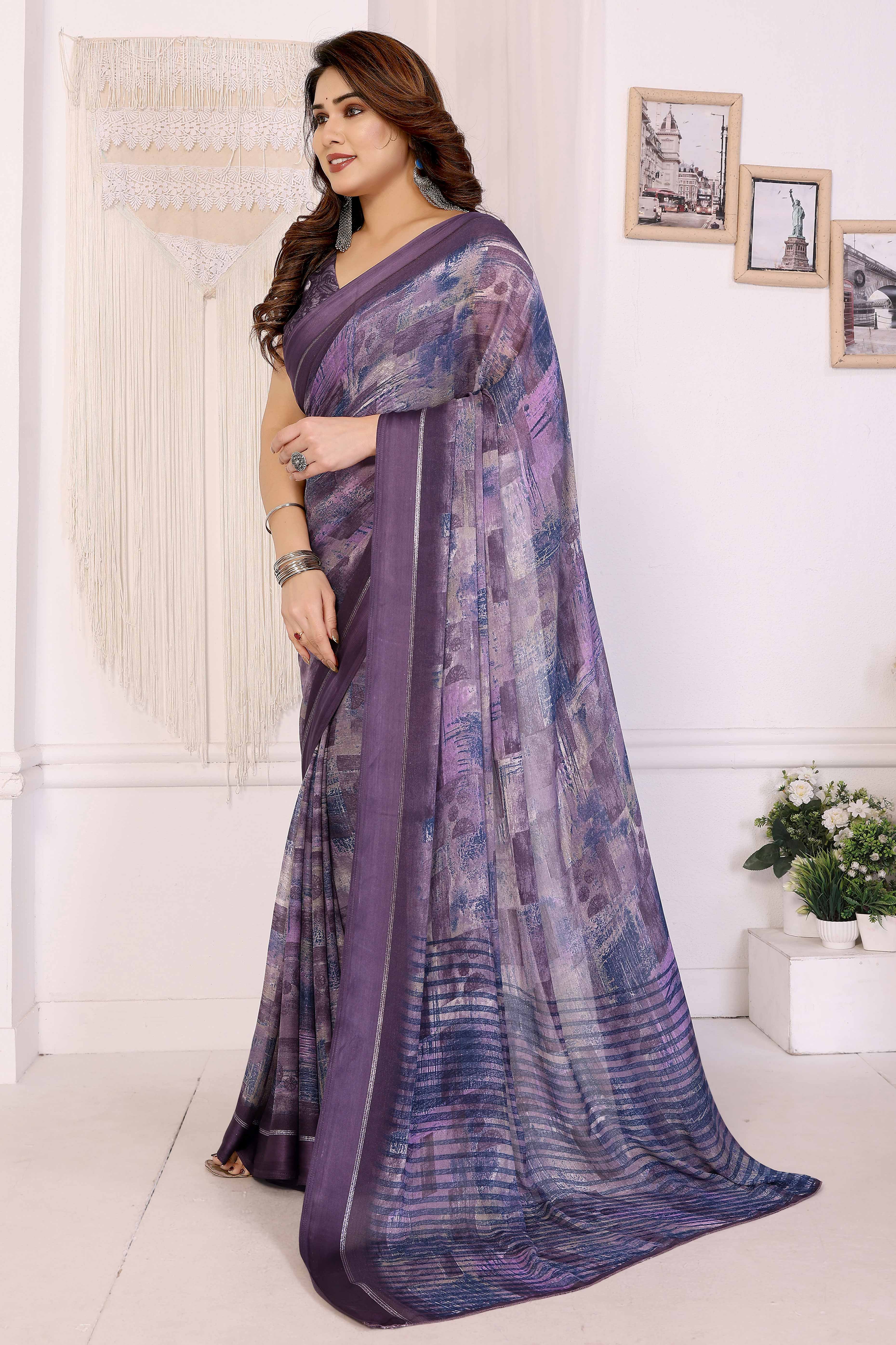 Trendy Purple Saree in Moss Satin with Floral Print Detailing