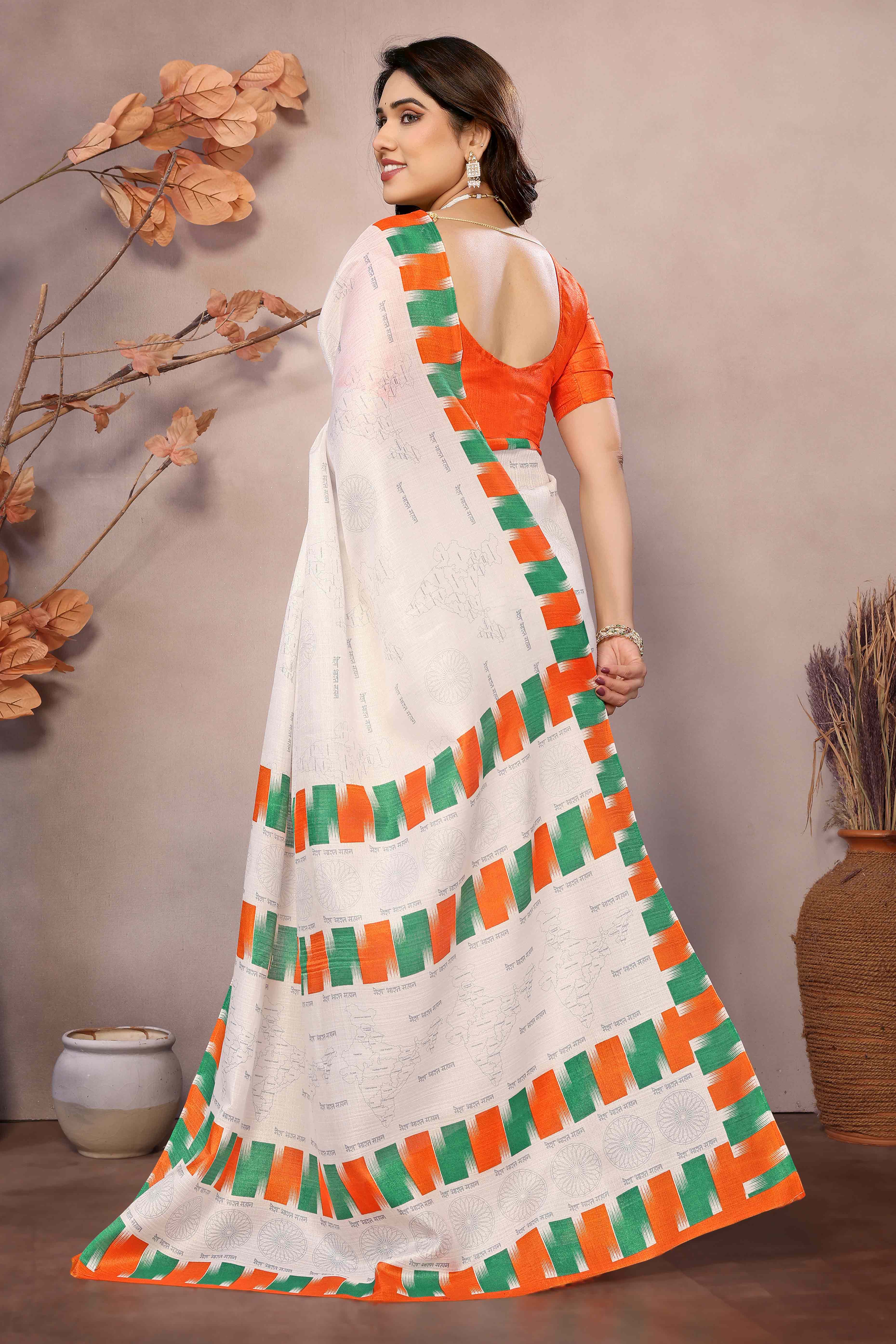 White Tiranga Printed khaadi Saree