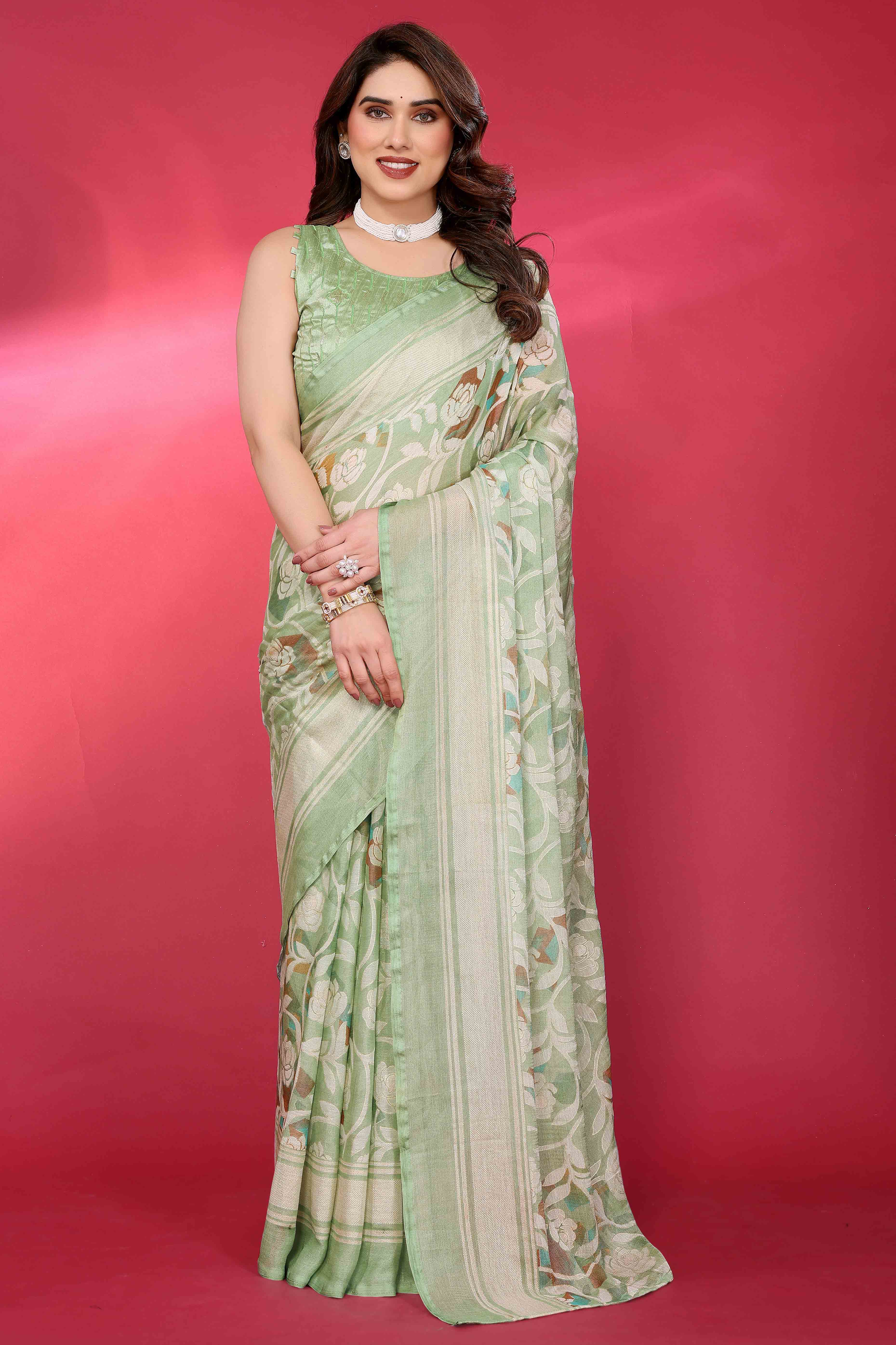 Serene Pista Green Brasso Chiffon Saree with Graceful Floral Foil Print
