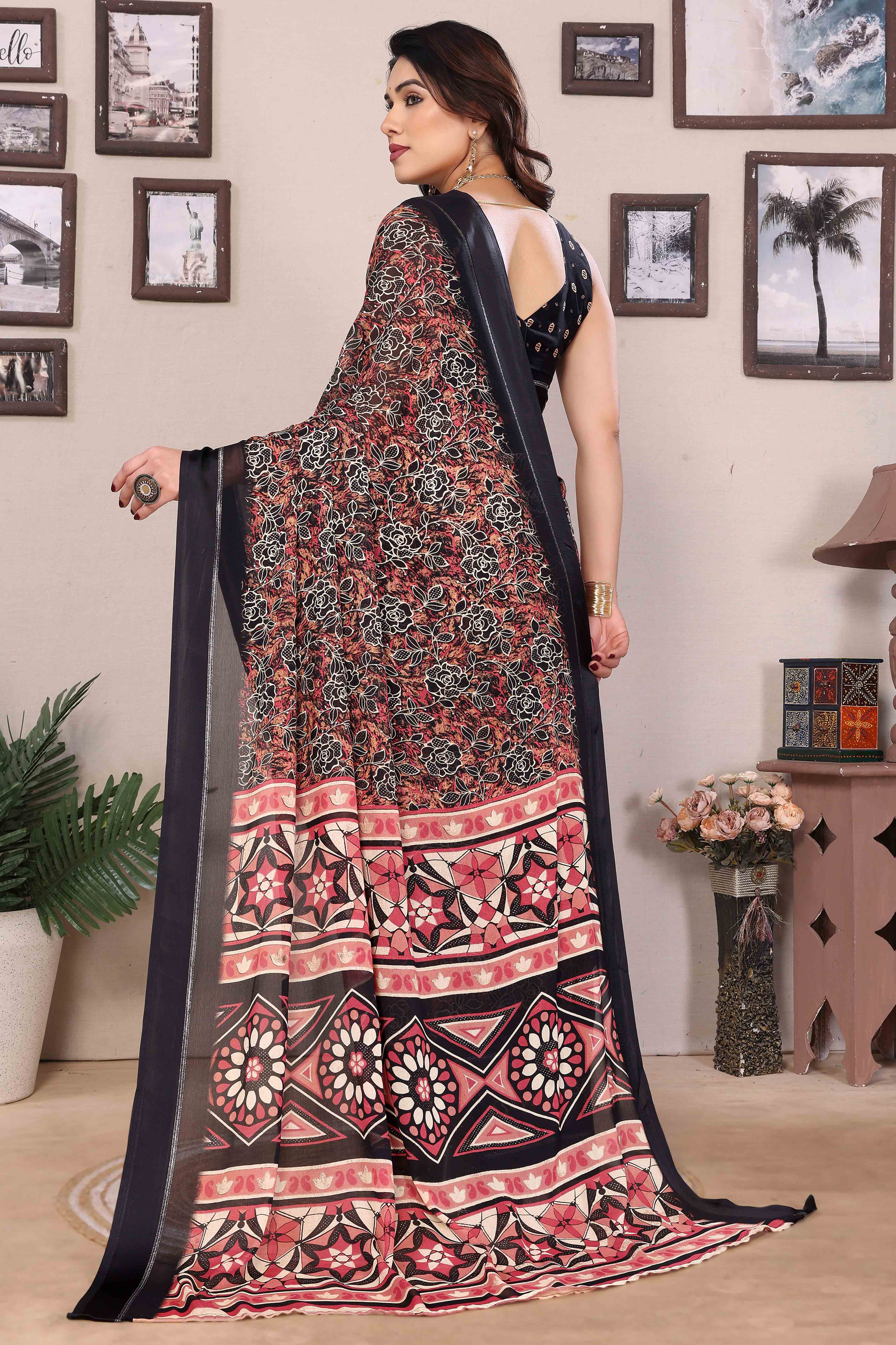 Black Floral Print & Zari Work Moss Satin Saree With Satin Patta