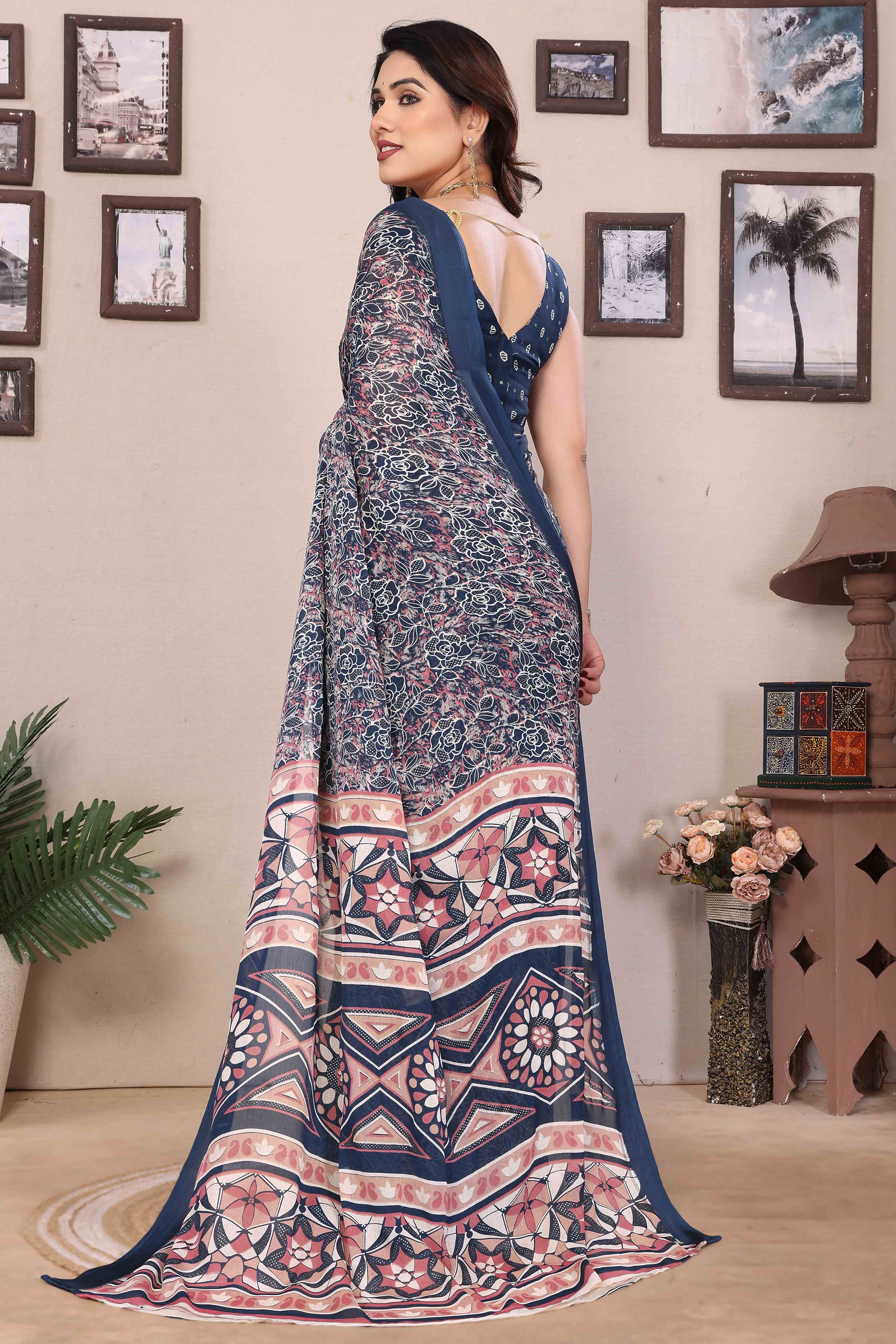 Blue Floral Print & Zari Work Moss Satin Saree With Satin Patta