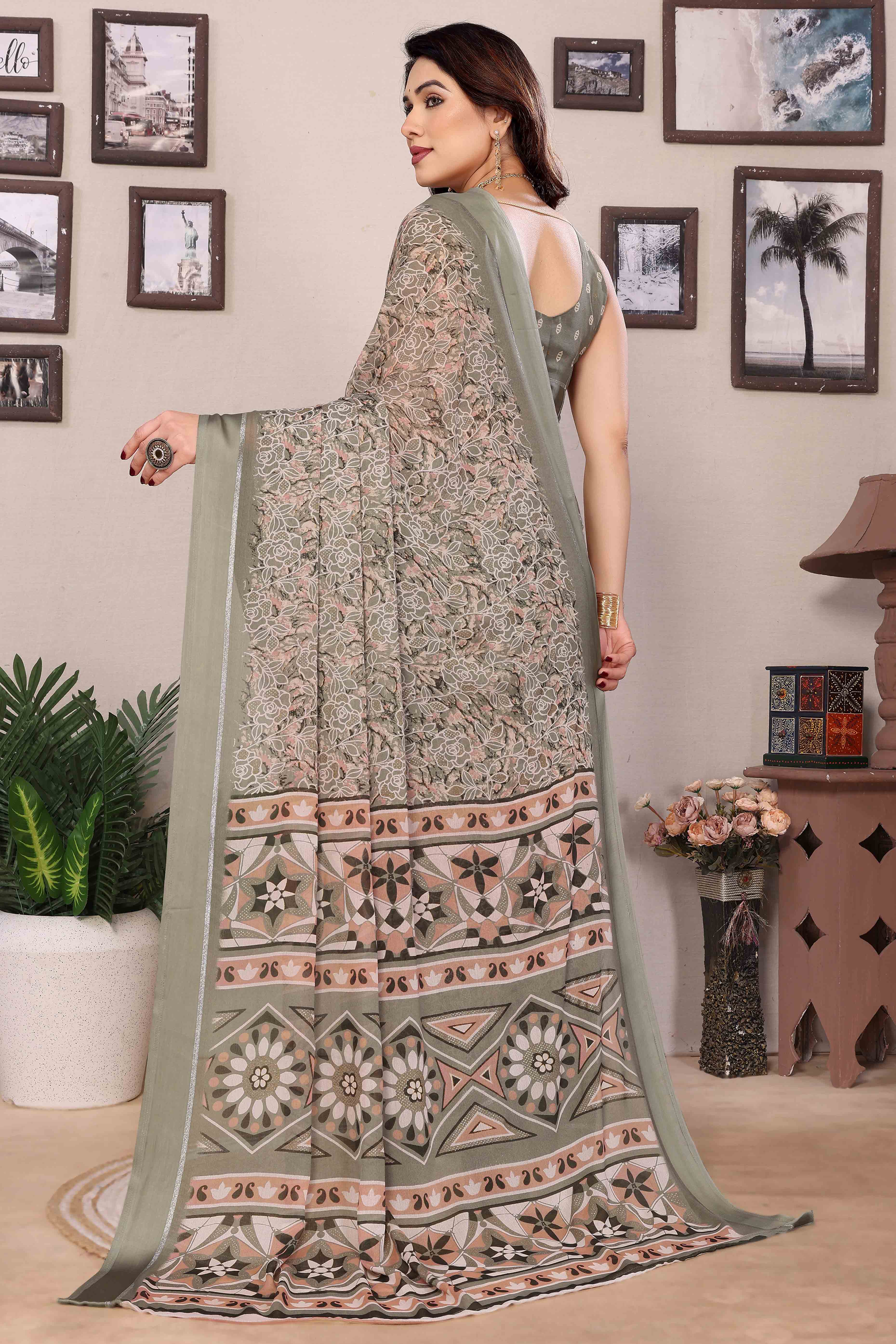 Grey Floral Print & Zari Work Moss Satin Saree With Satin Patta