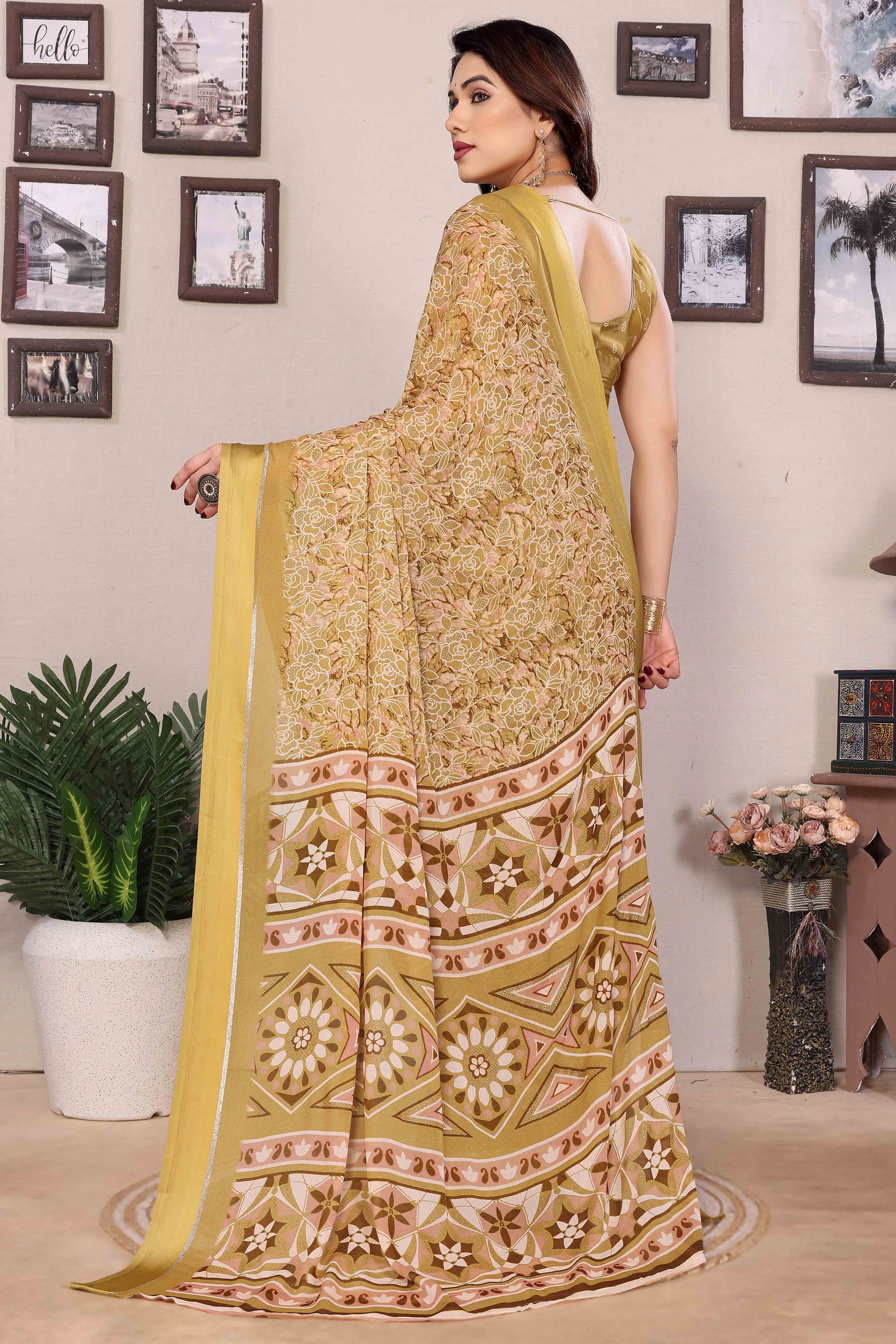 Mustard Floral Print & Zari Work Moss Satin Saree With Satin Patta
