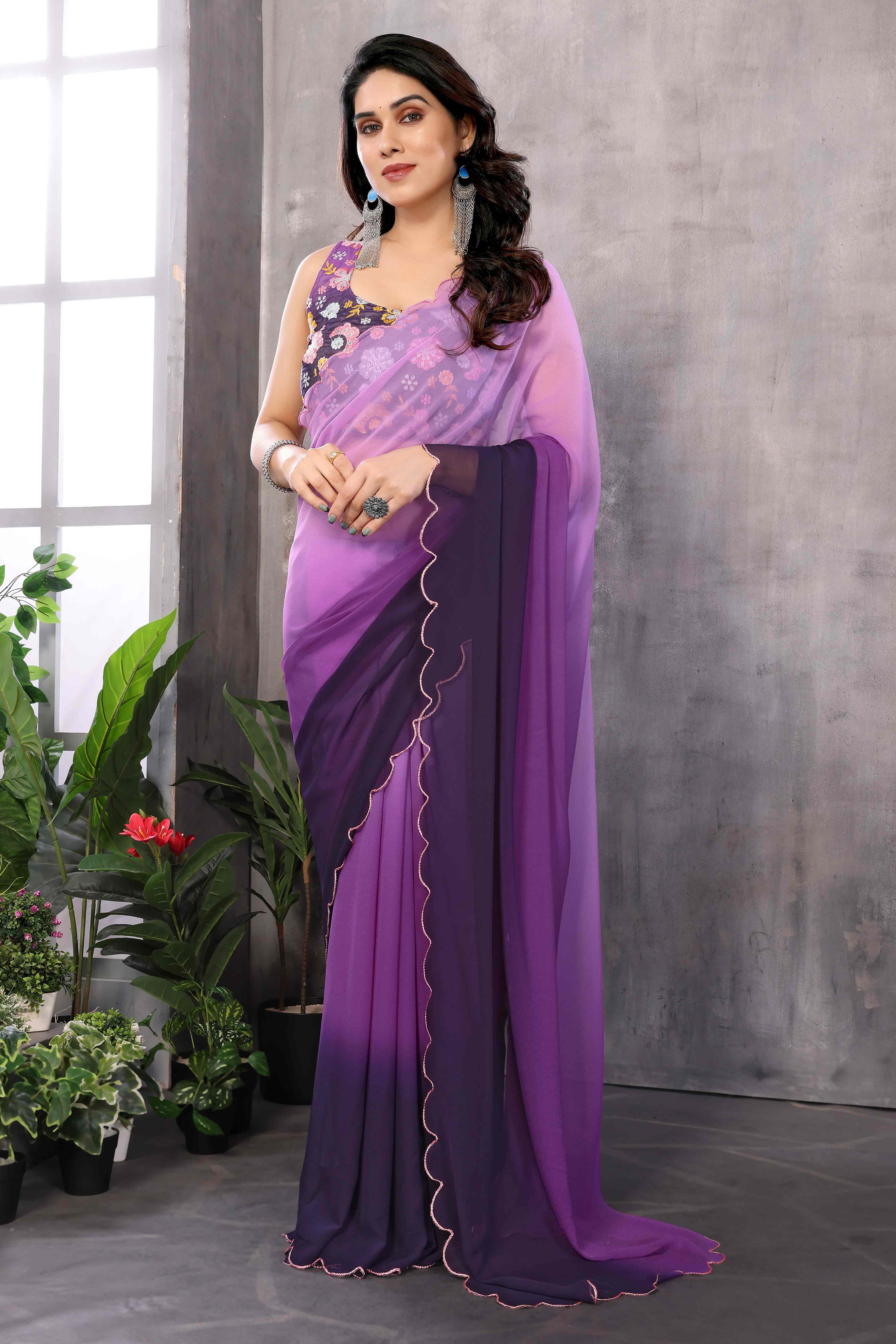 Purple Solid Georgette Ombre Saree