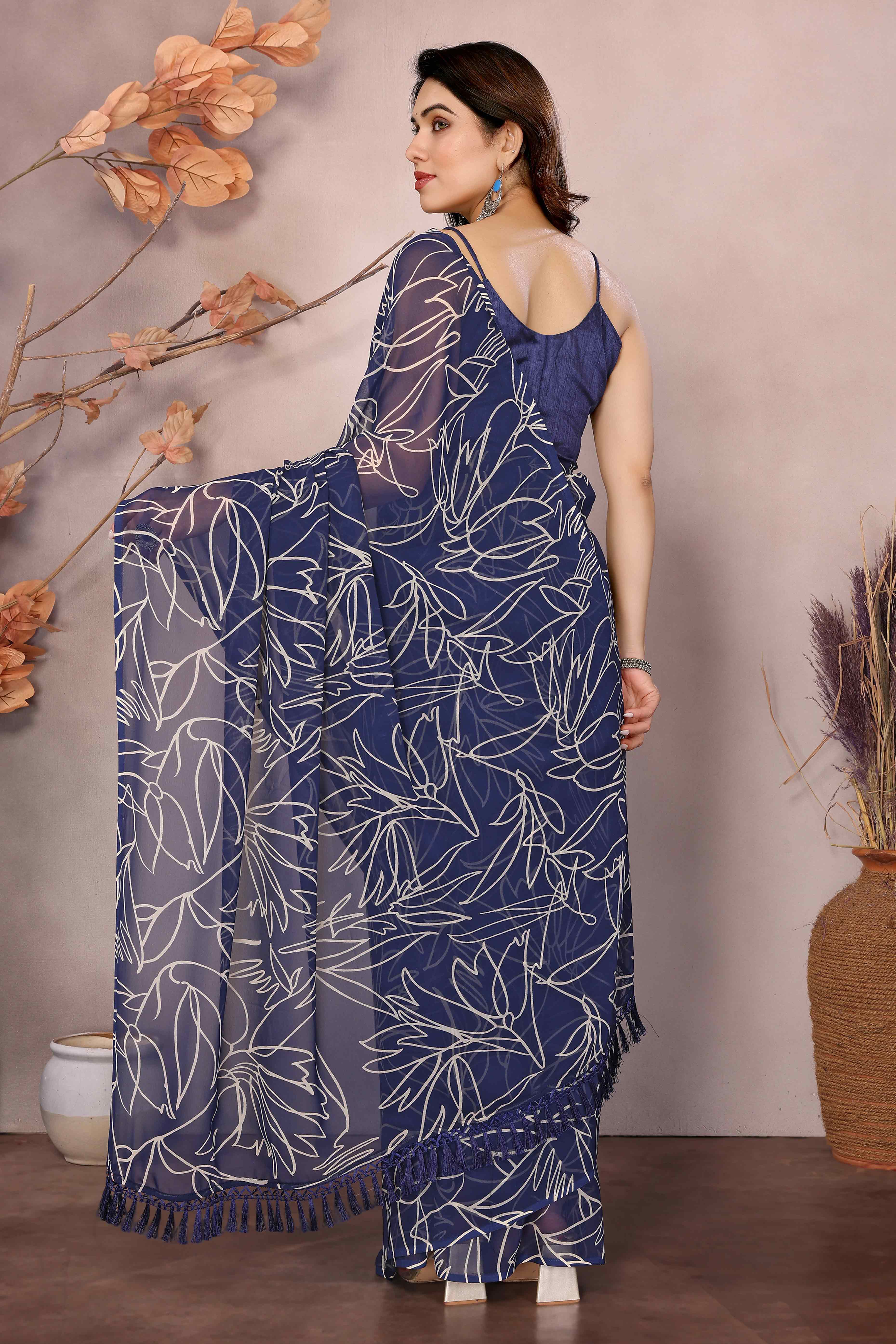 Blue Floral Printed Georgette Ready Made Saree With Tassels