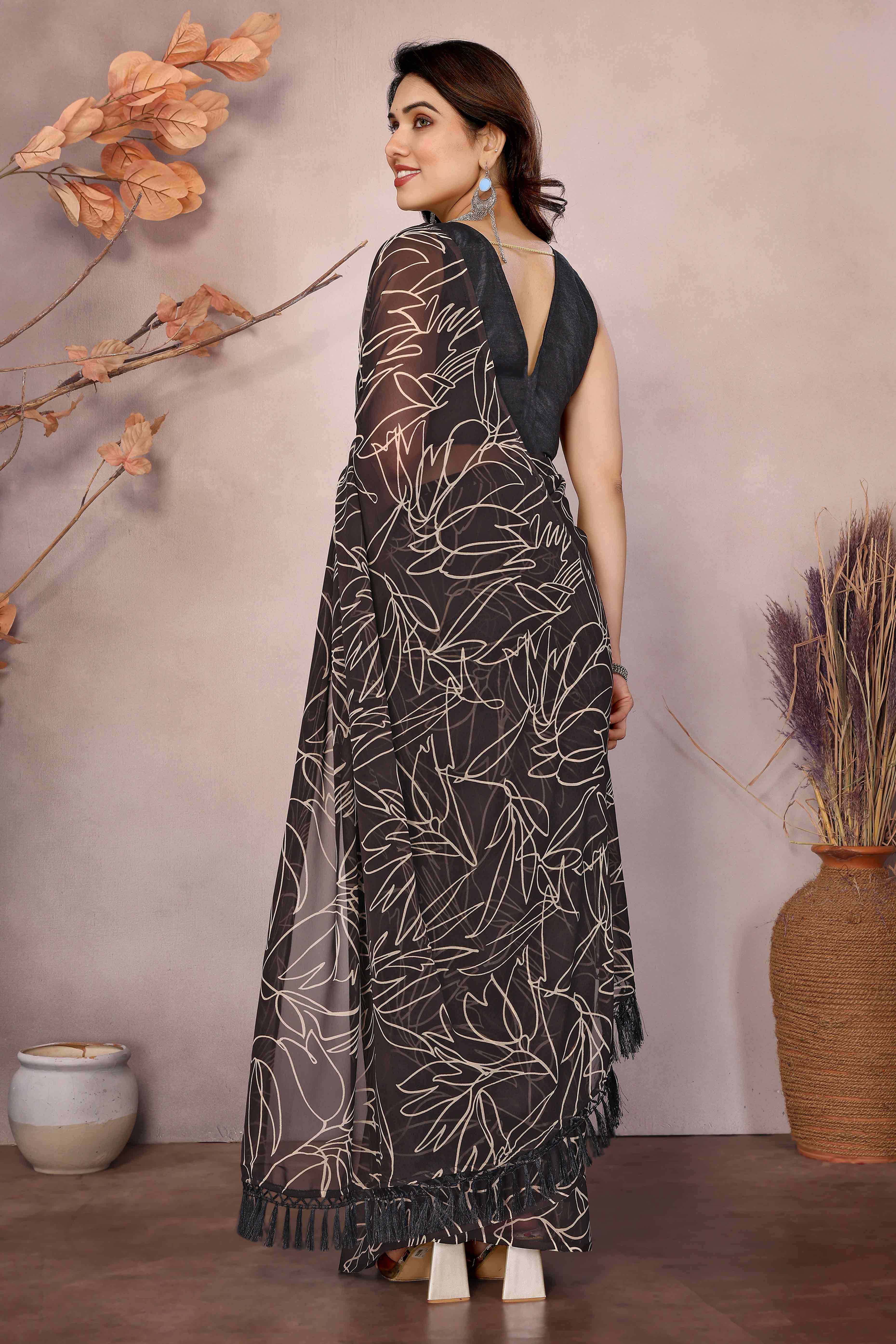 Brown Floral Printed Georgette Ready Made Saree With Tassels