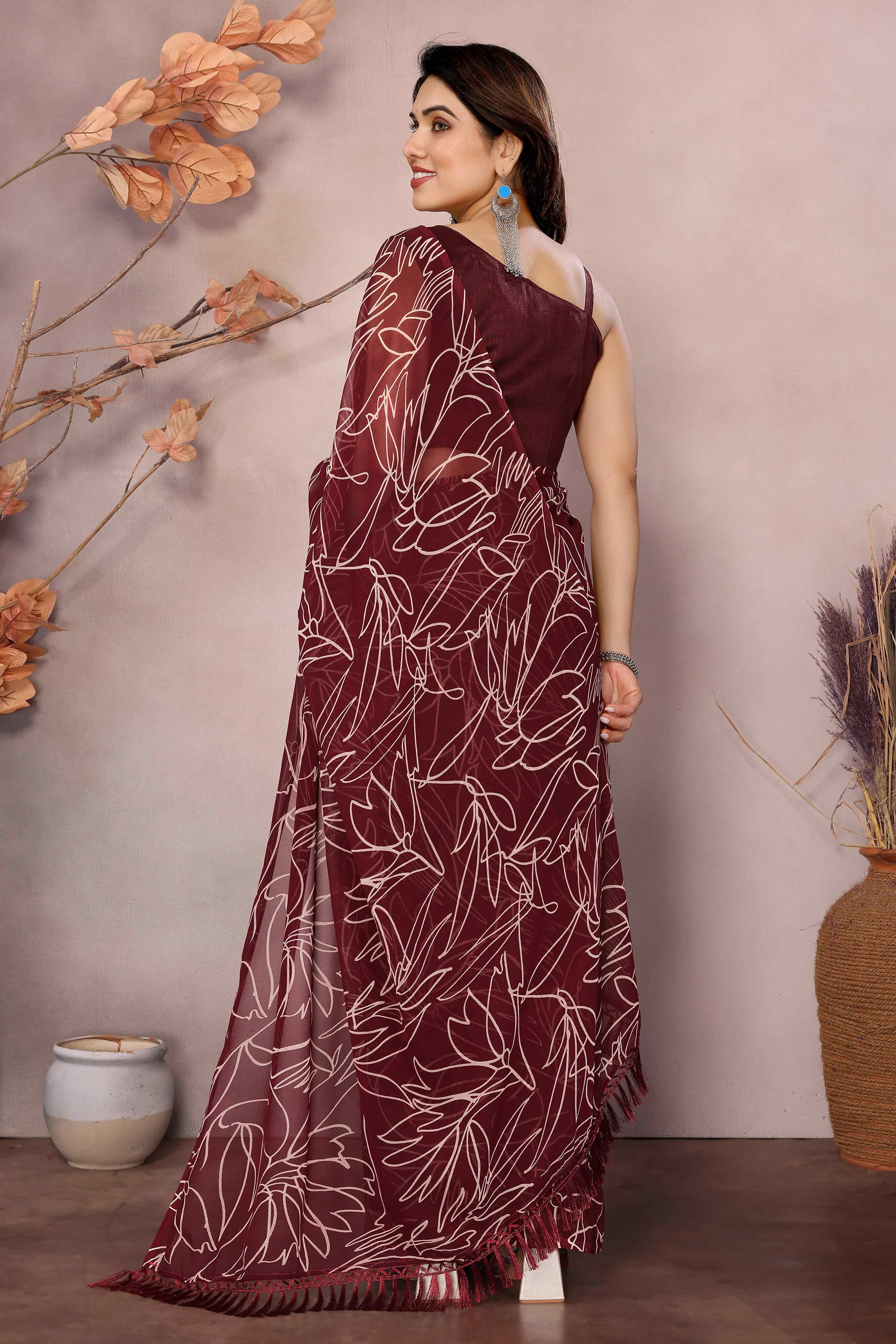 Maroon Floral Printed Georgette Ready Made Saree With Tassels