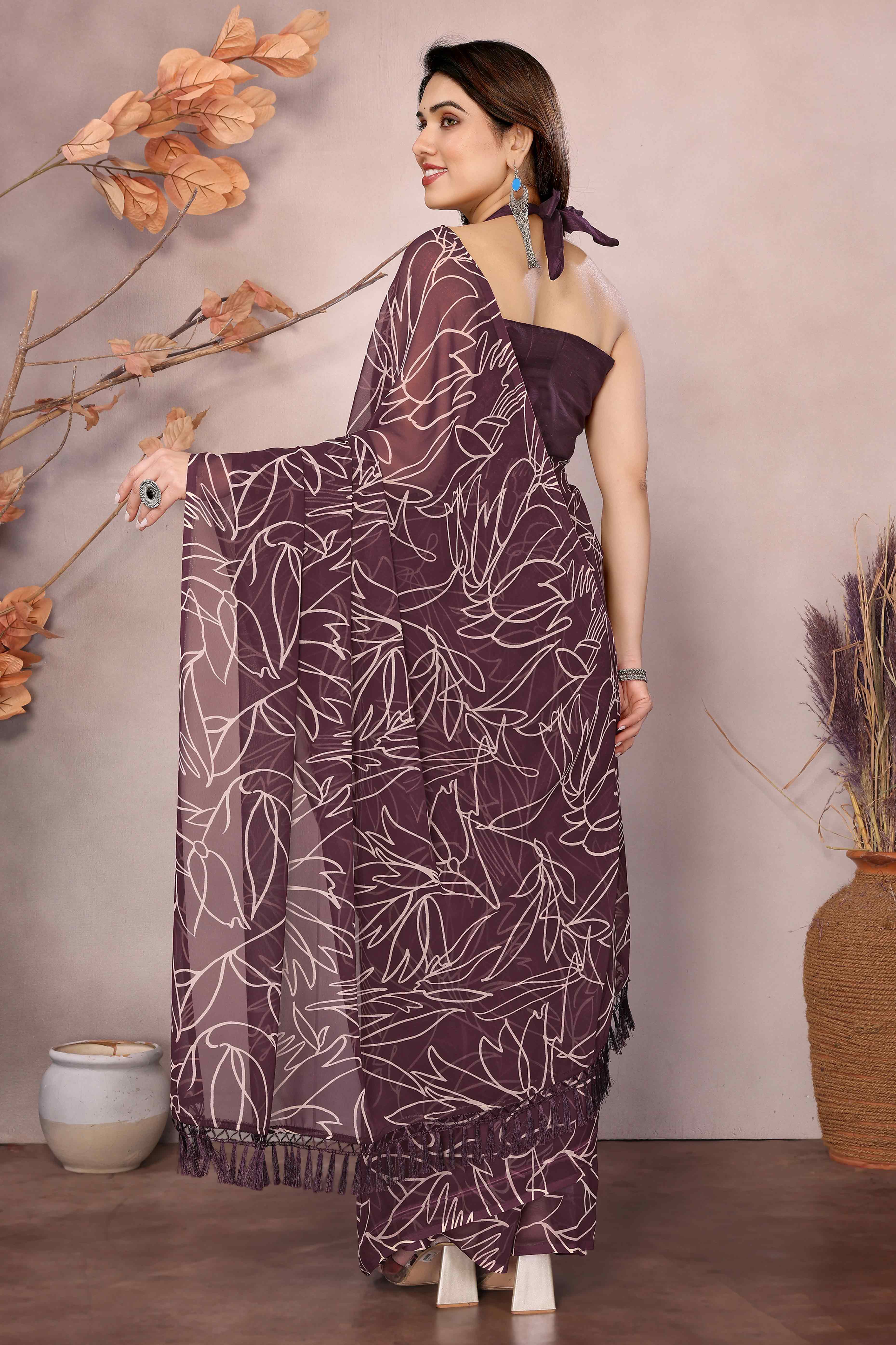 Wine Floral Printed Georgette Ready Made Saree With Tassels