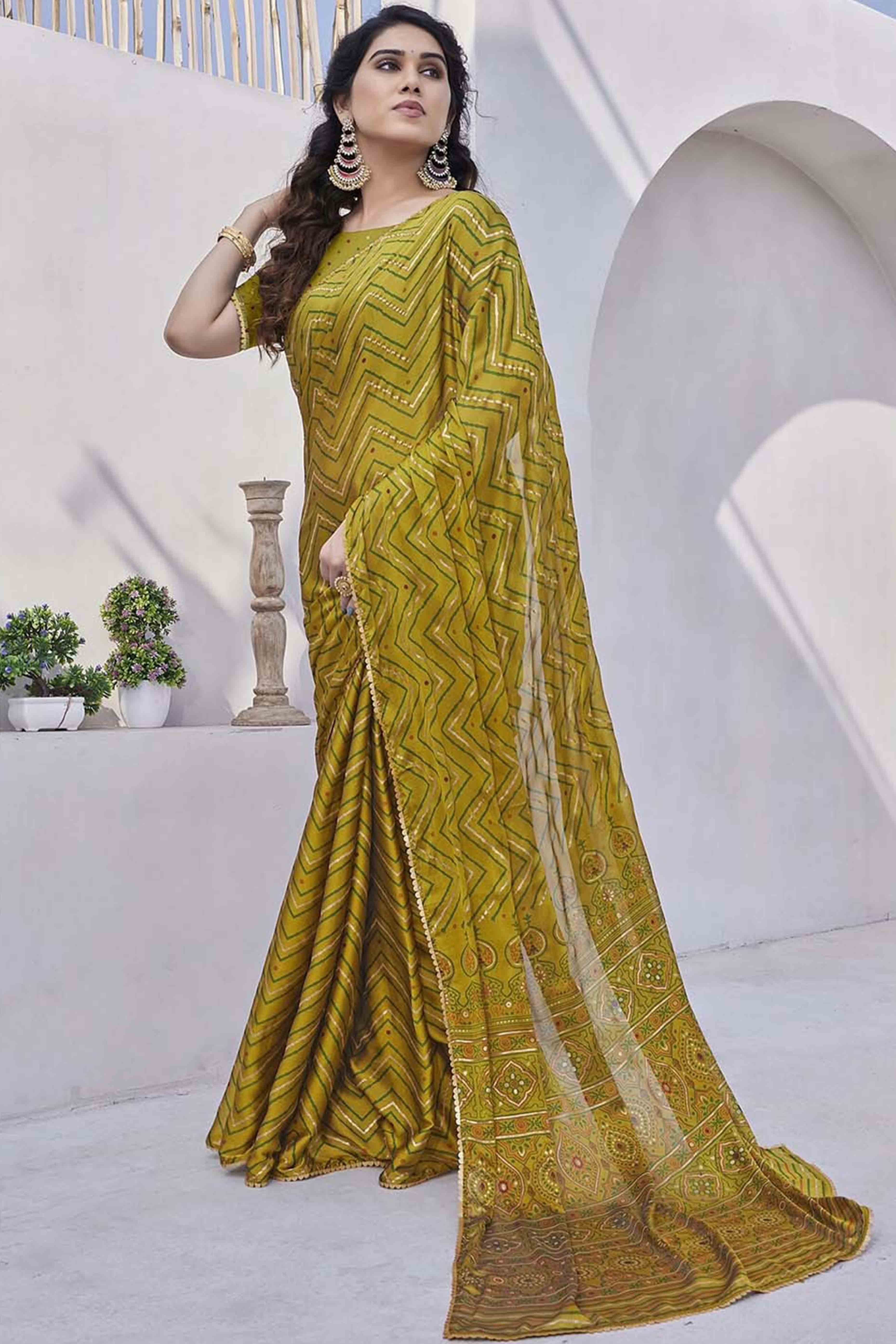 Olive Zig Zag Foil Printed Chiffon Saree