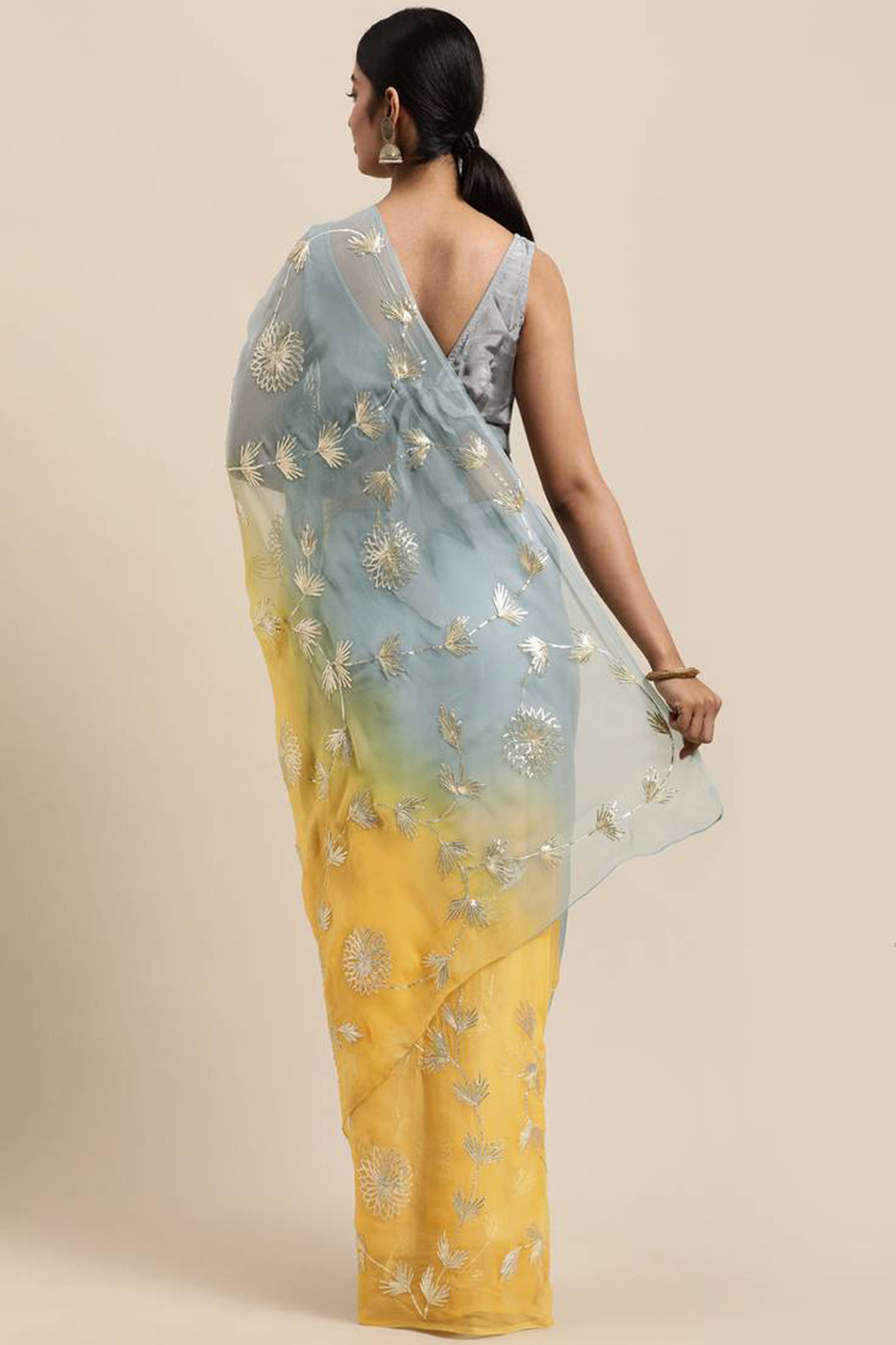 Yellow & Grey Floral Gota Patti Work Organza Silk Half & Half Saree