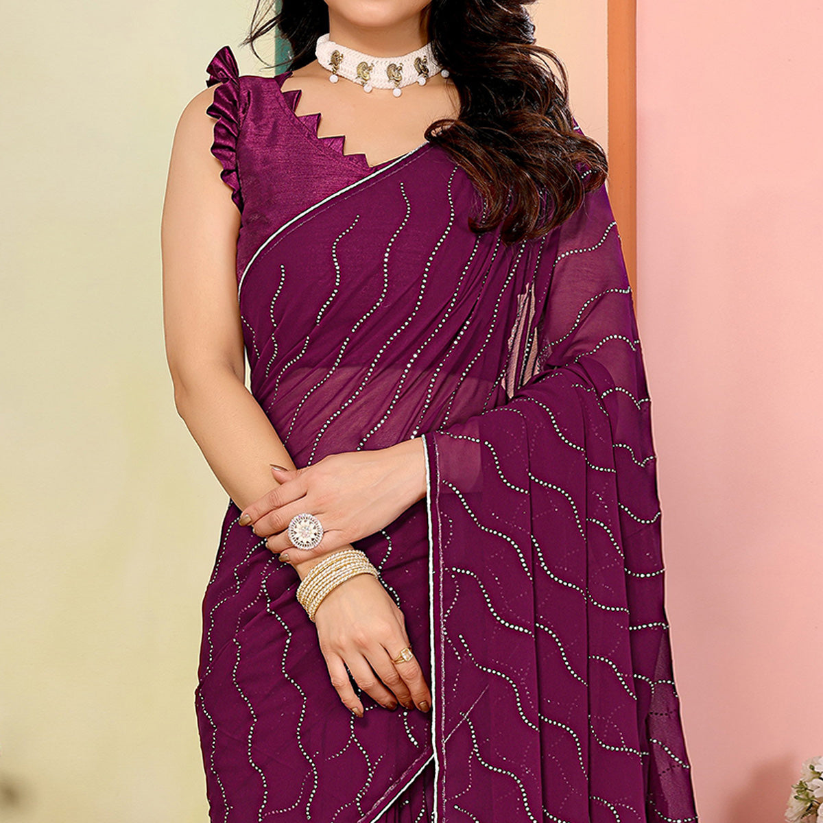 Purple Swarovski Work Embroidered Georgette Saree
