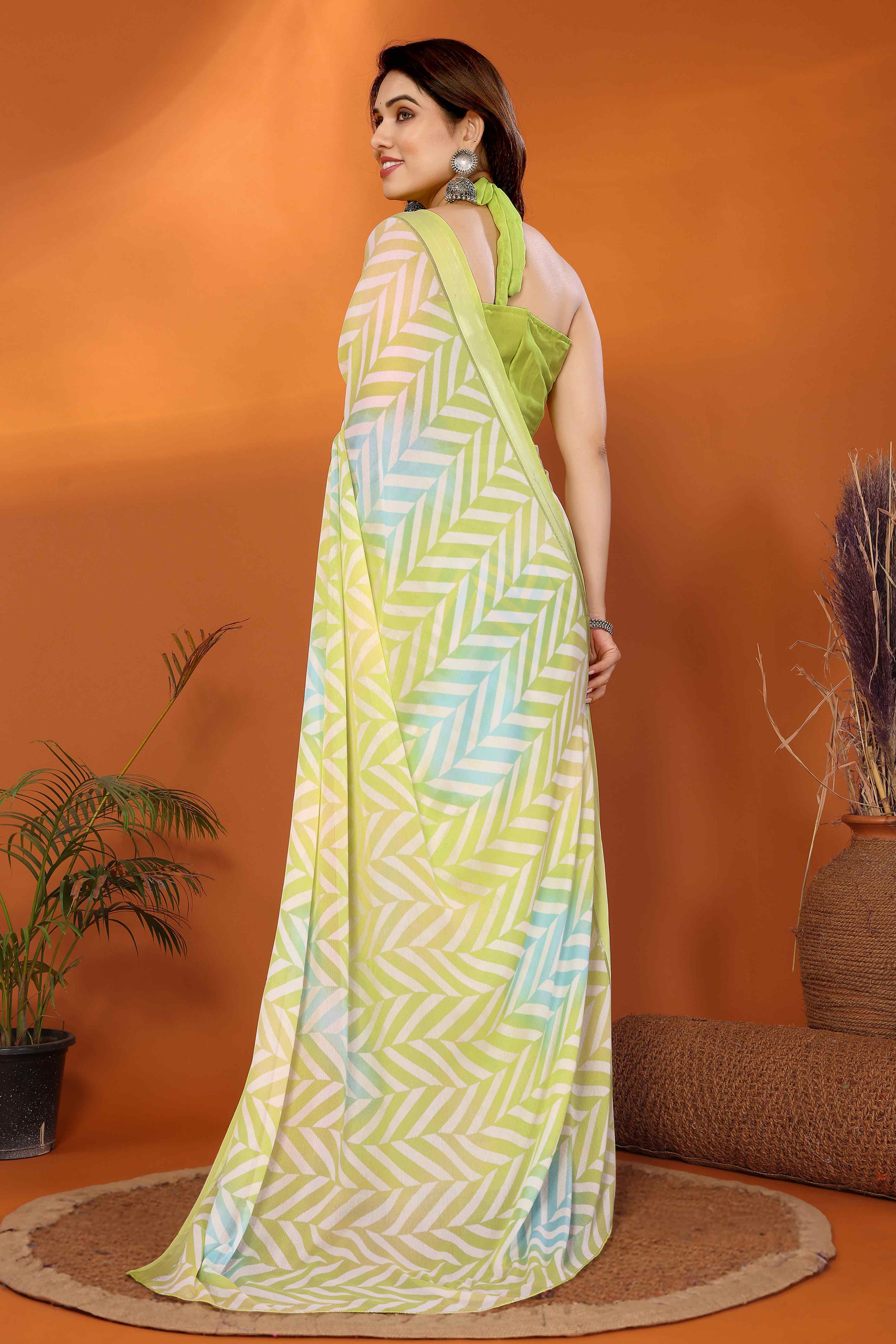 Mint Green Zig Zag Printed Satin Saree