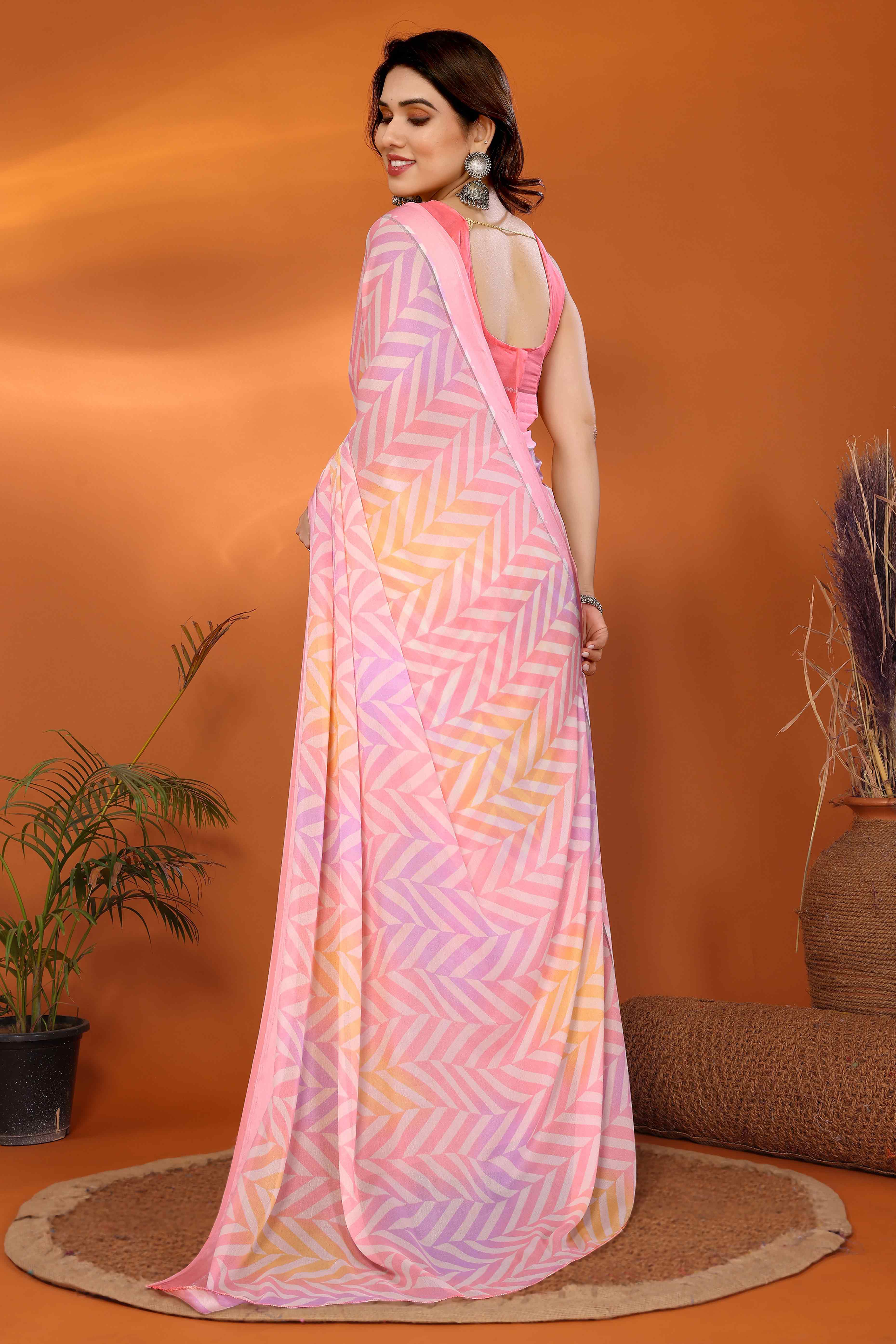 13Pink Zig Zag Printed Satin Saree