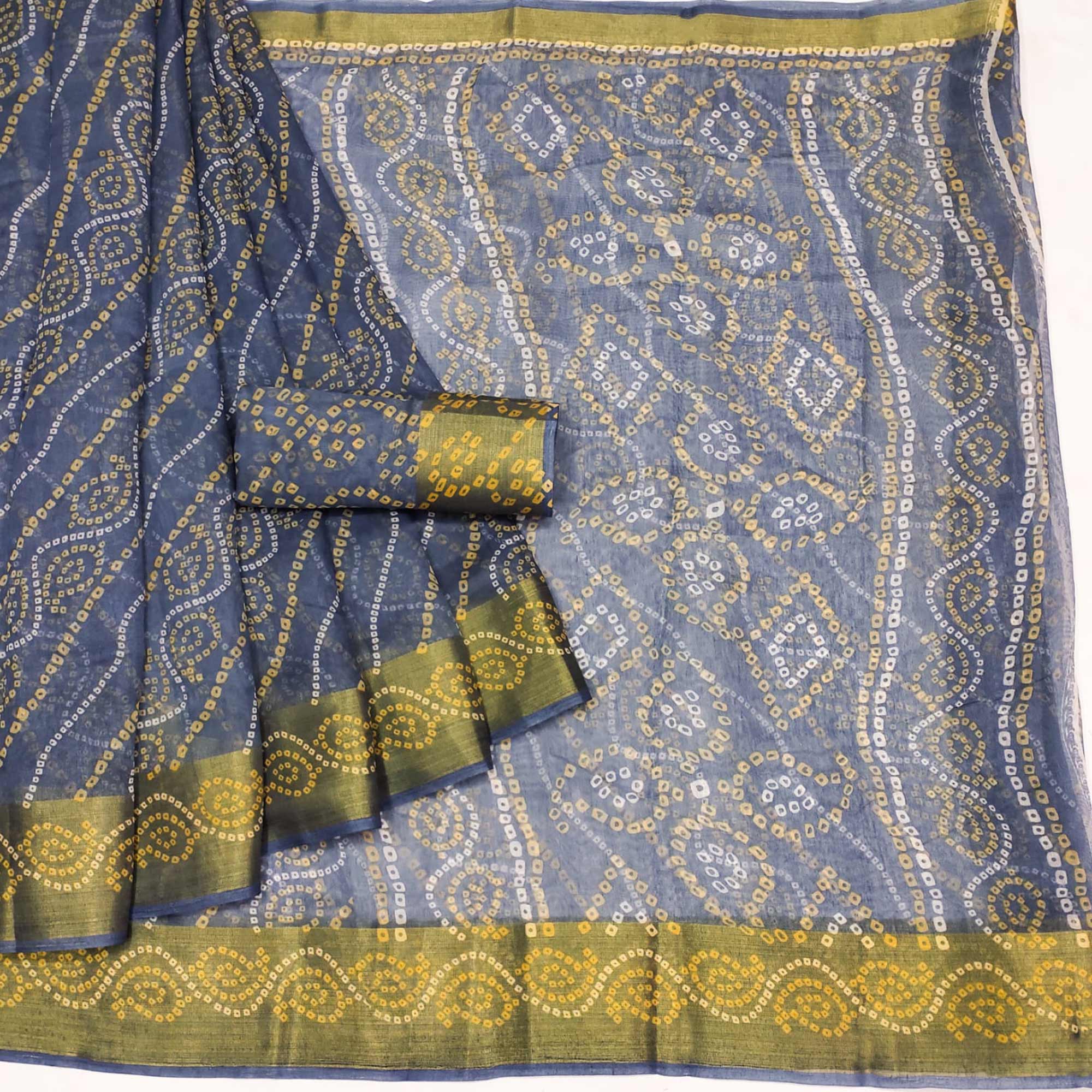 Grey Bandhani Printed Cotton Blend Saree