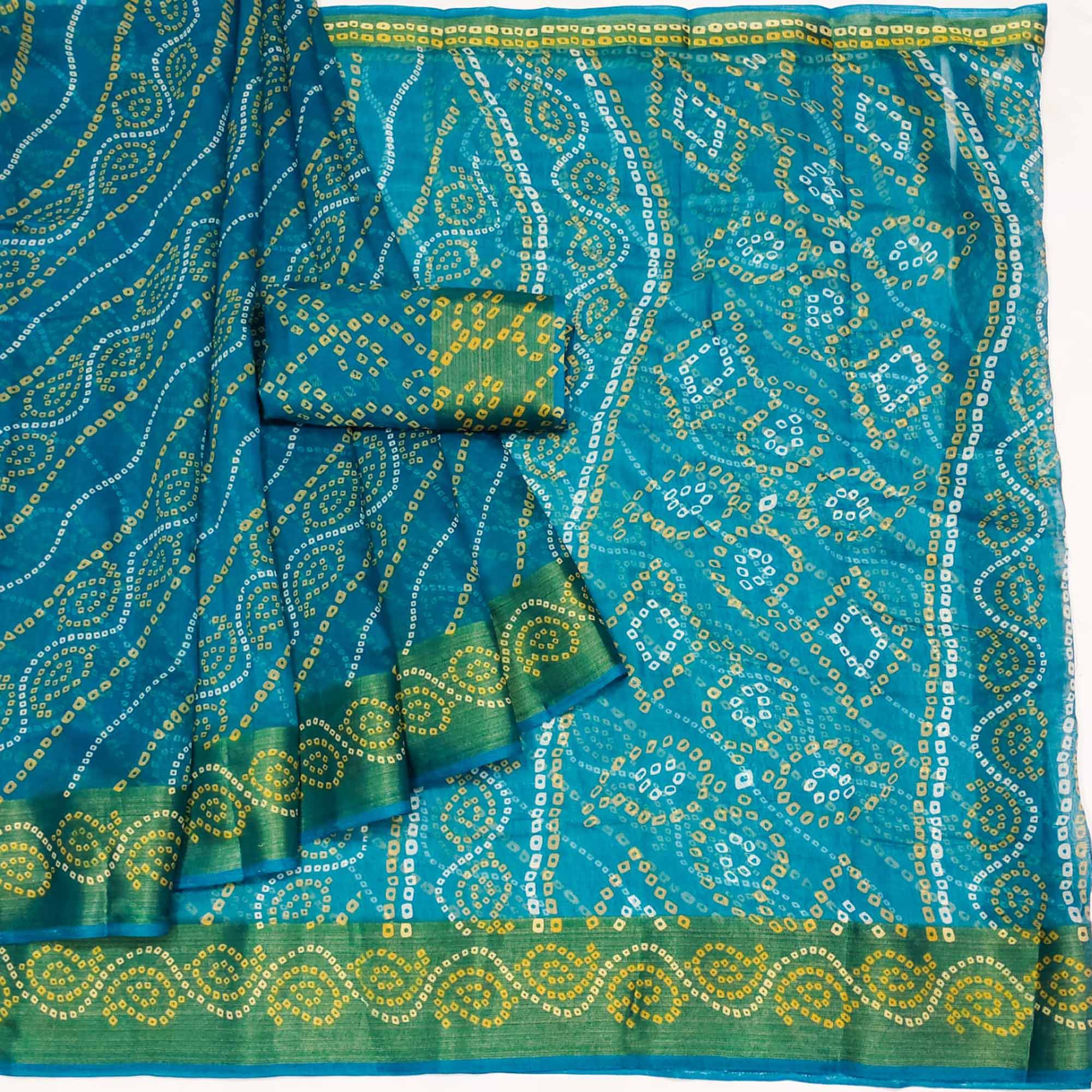 Teal Blue Bandhani Printed Cotton Blend Saree
