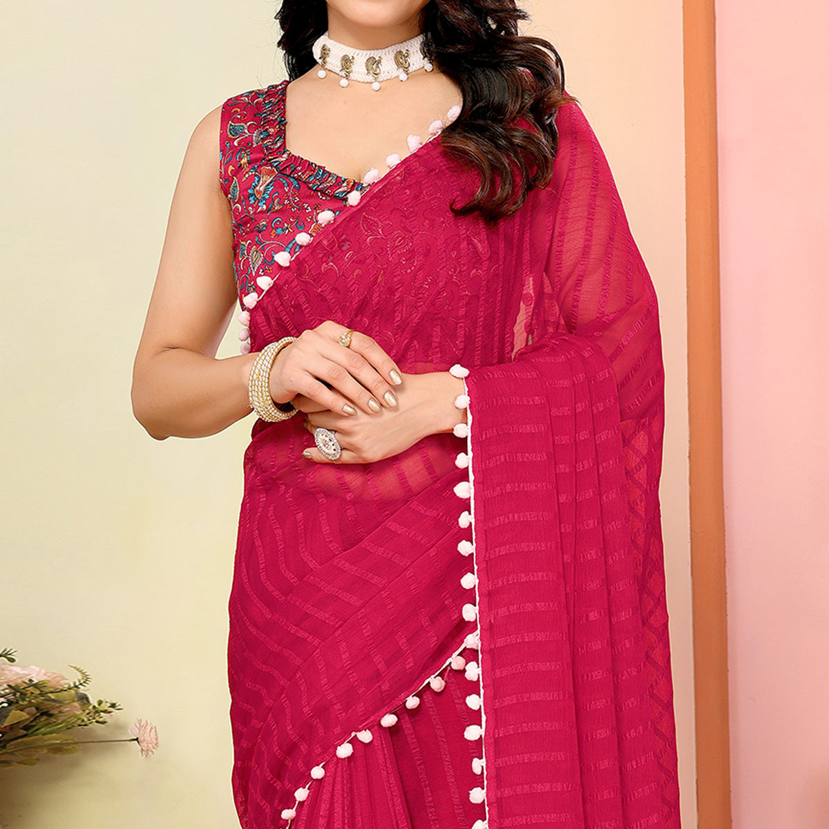 Pink Woven Striped Pattern Georgette Saree