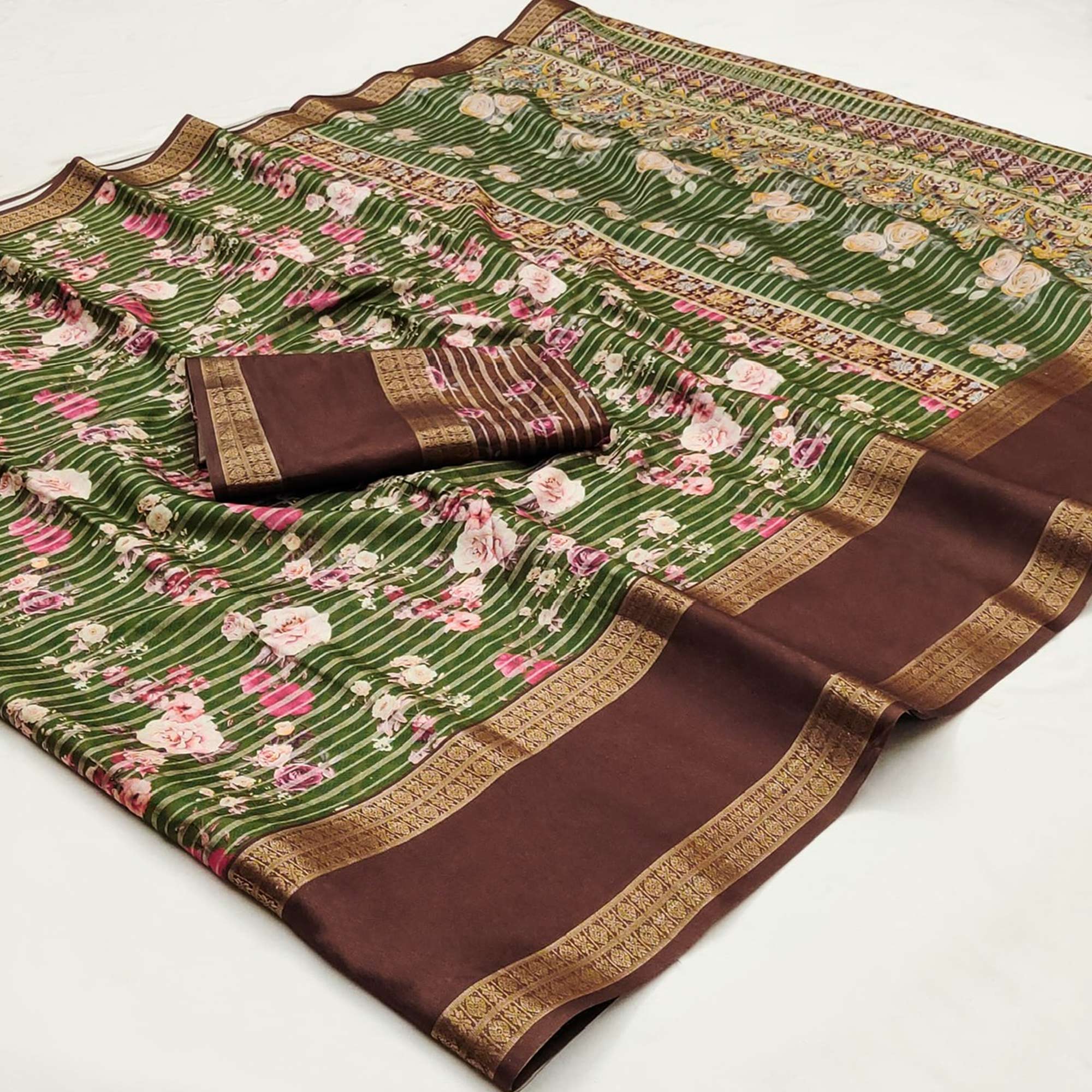 Mehandi Green Floral Digital Printed Cotton Silk Saree