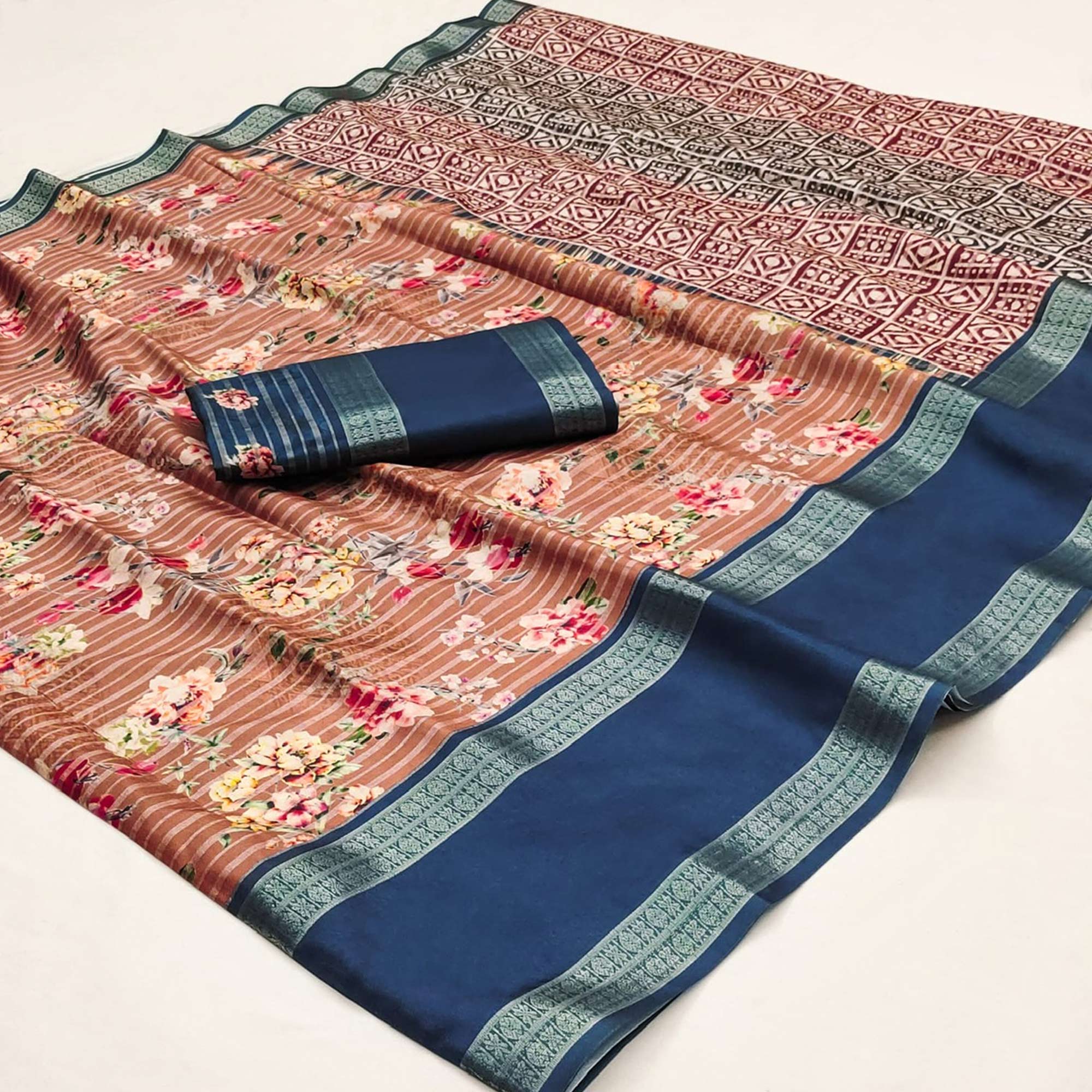 Peach Floral Digital Printed Cotton Silk Saree