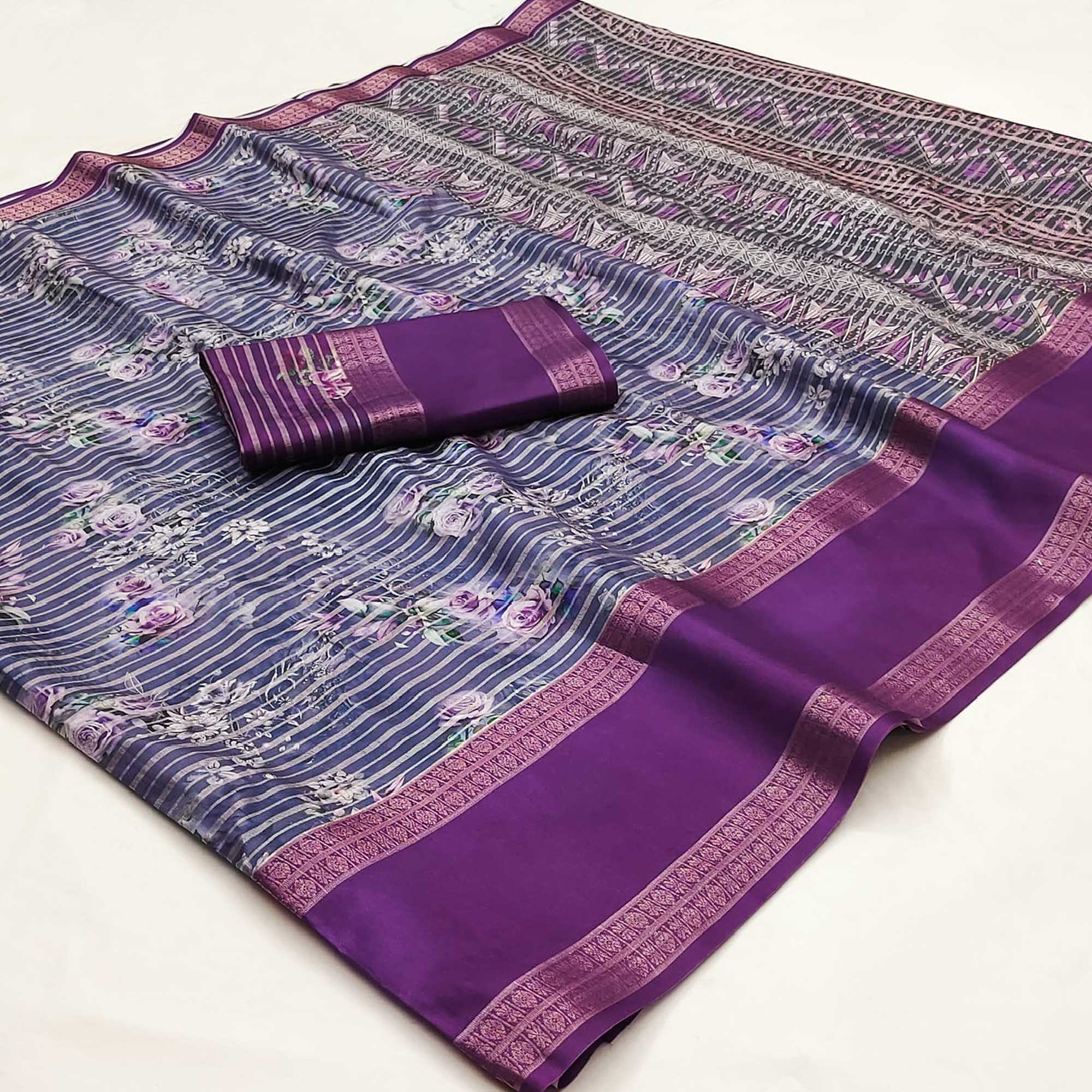 Purple Floral Digital Printed Cotton Silk Saree