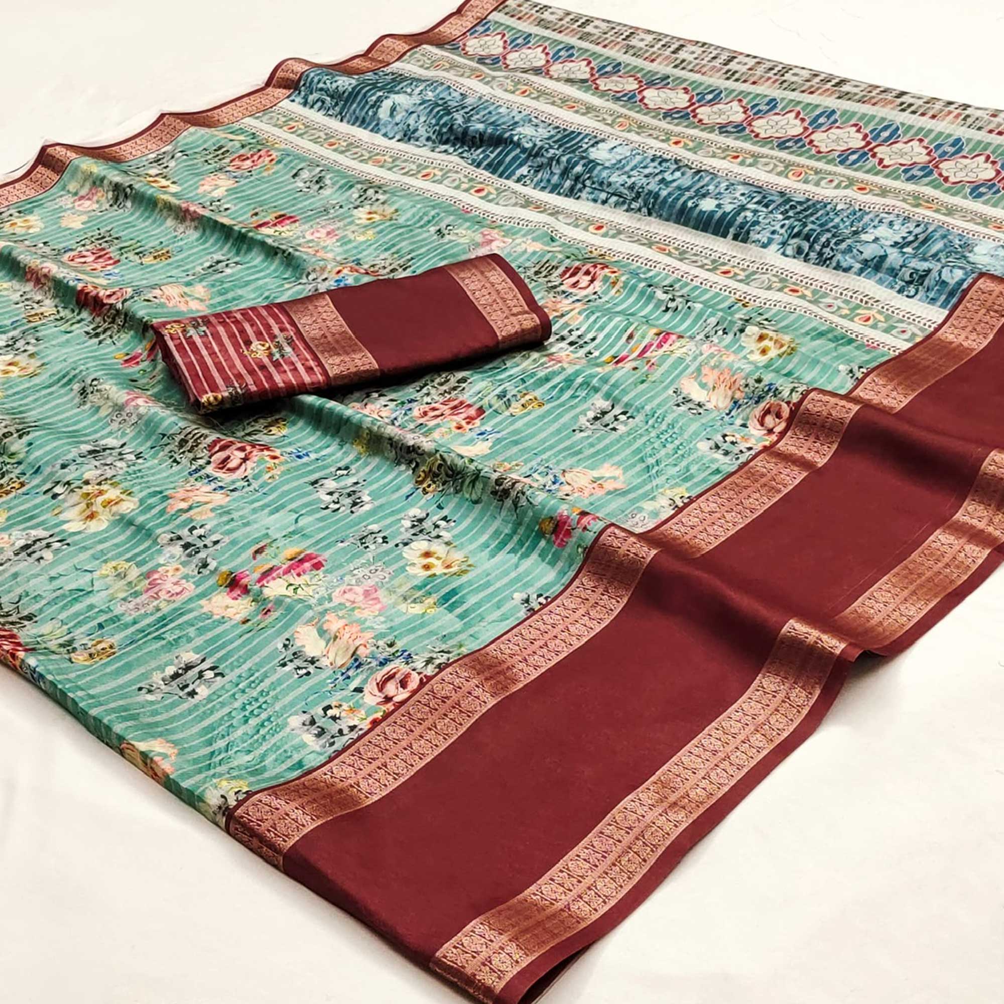 Turquoise Floral Digital Printed Cotton Silk Saree