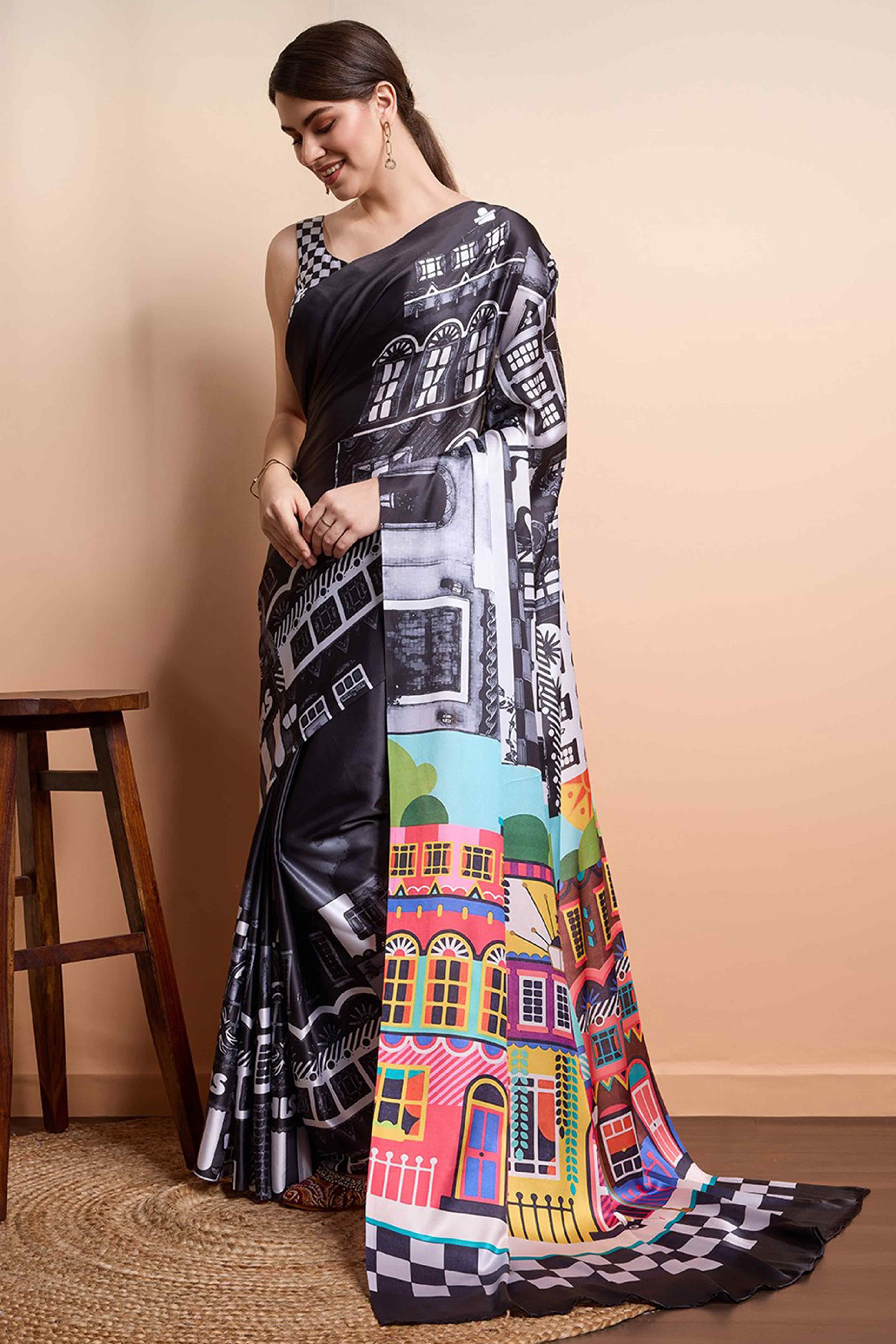 Black Moss Satin Saree With Exquisite Digital Print Artistry