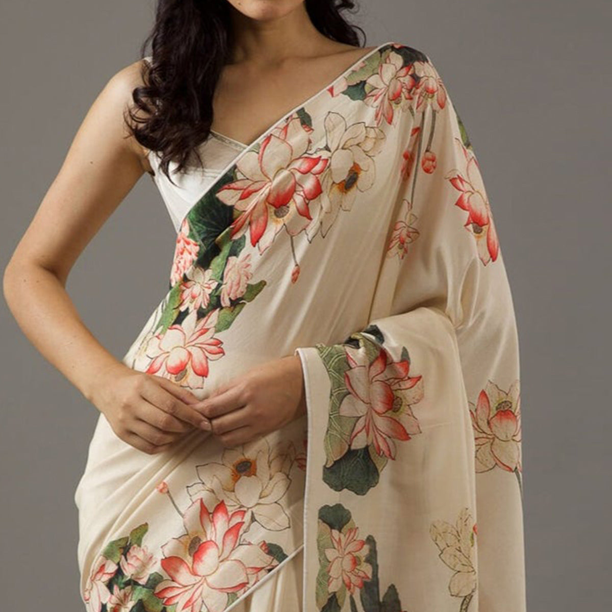Cream Floral Printed Moss Satin Saree