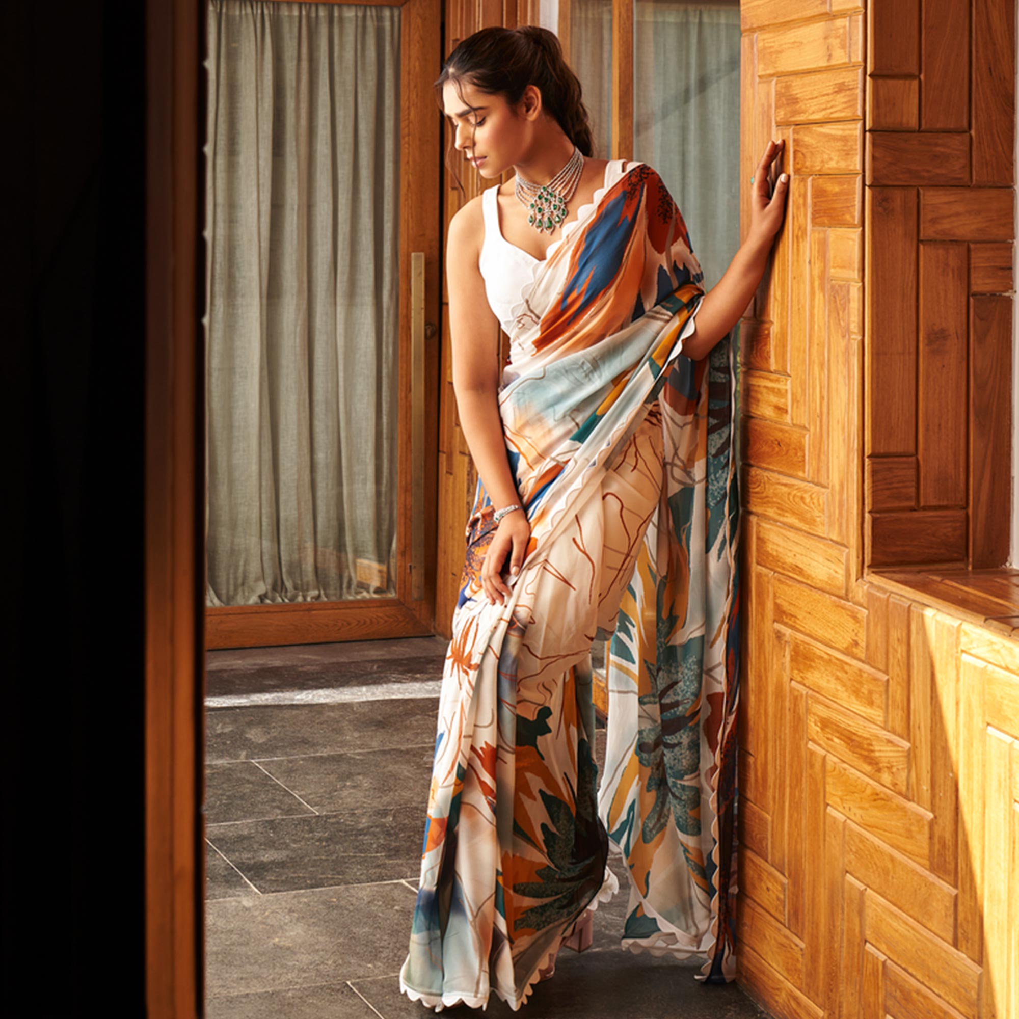Off white Printed Moss Satin Saree