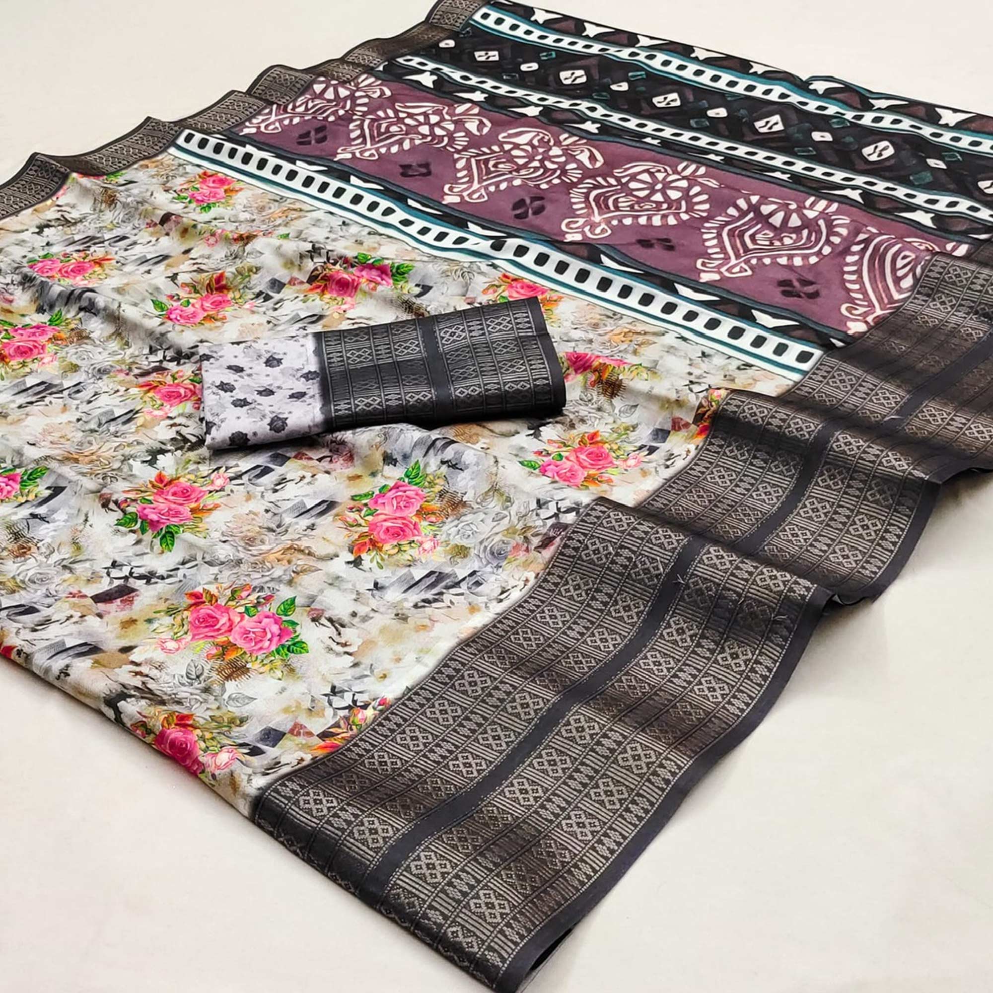 White & Black Floral Digital Printed Cotton Silk Saree