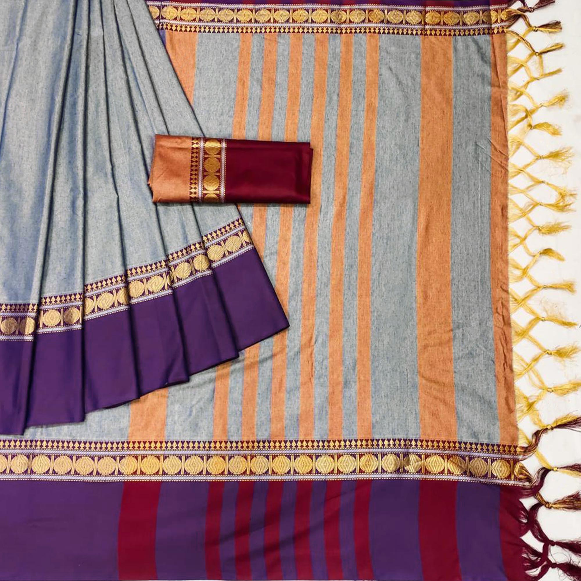 Grey Woven Cotton Silk Saree With Tassels