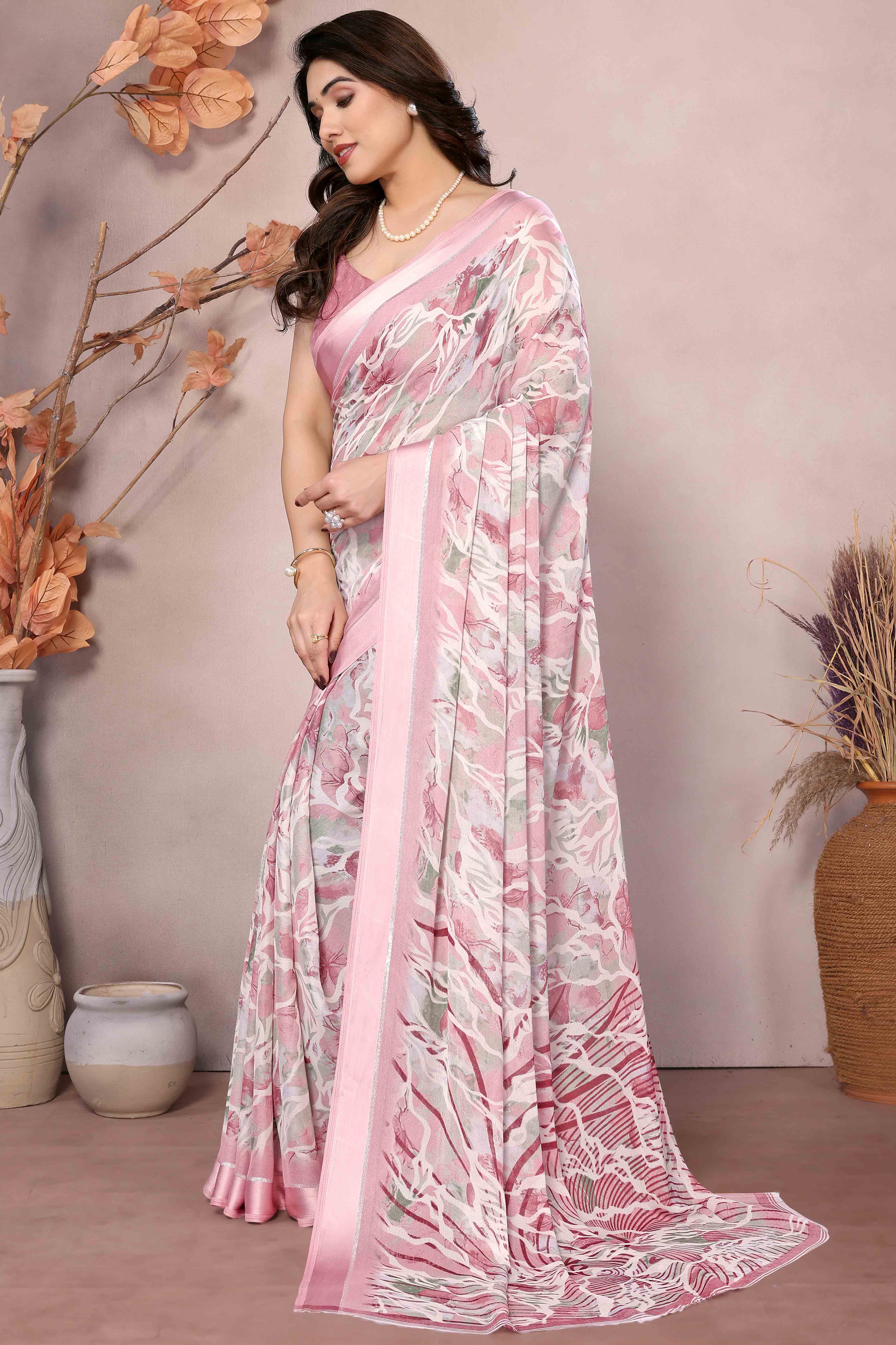 Peach Floral Printed Satin Saree
