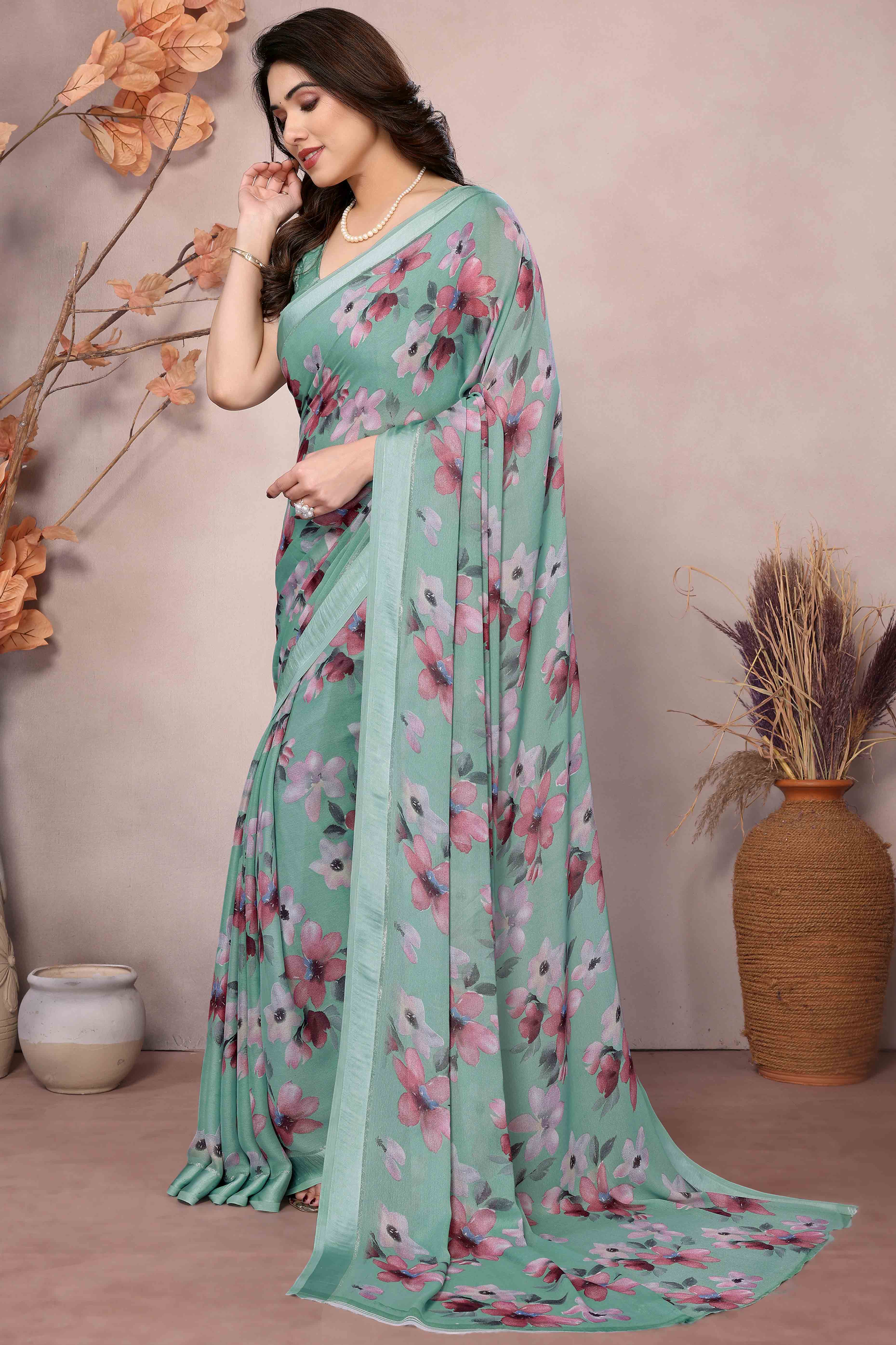Sea Green Floral Printed Satin Saree