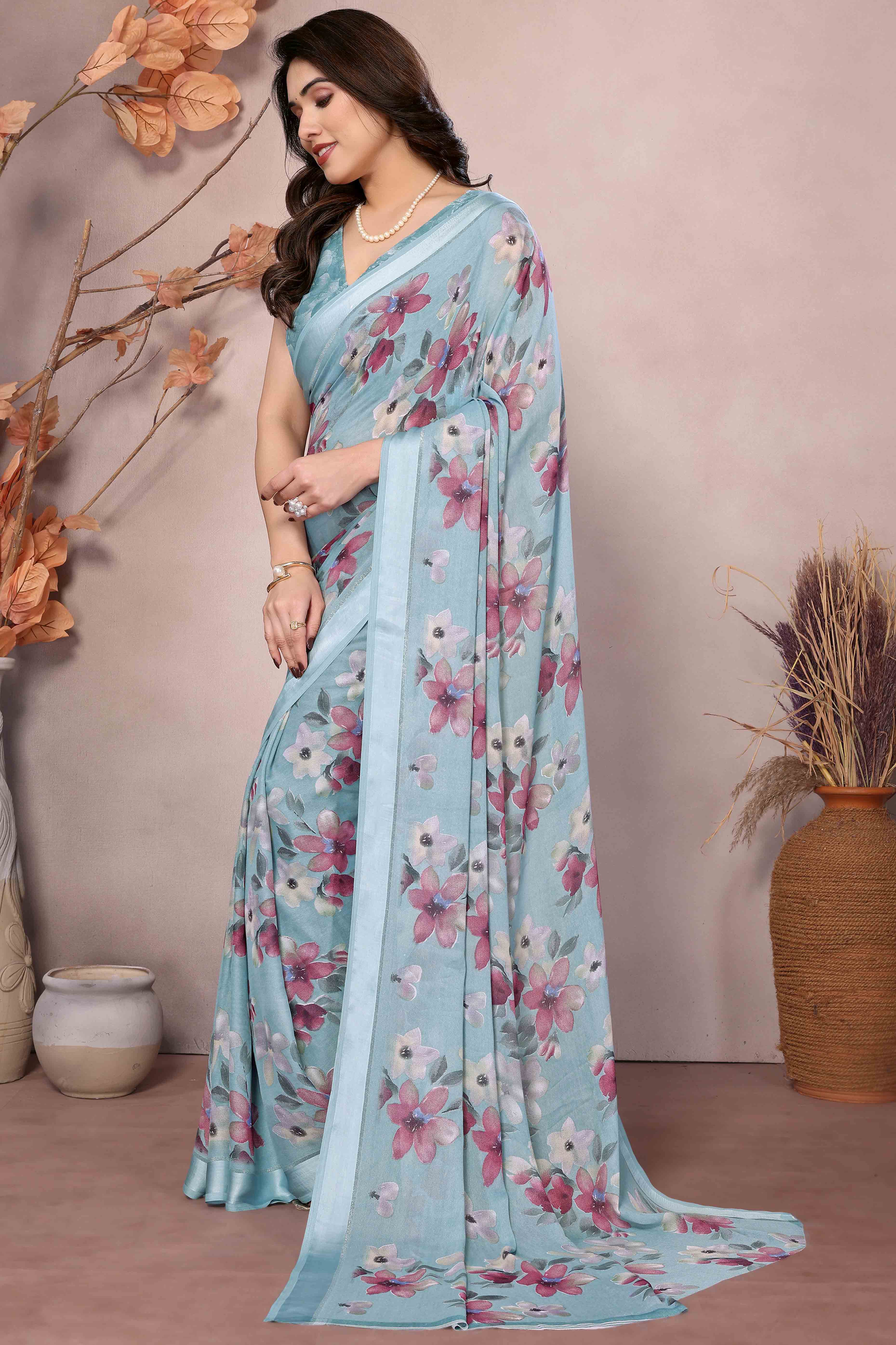 Sky Blue Floral Printed Satin Saree