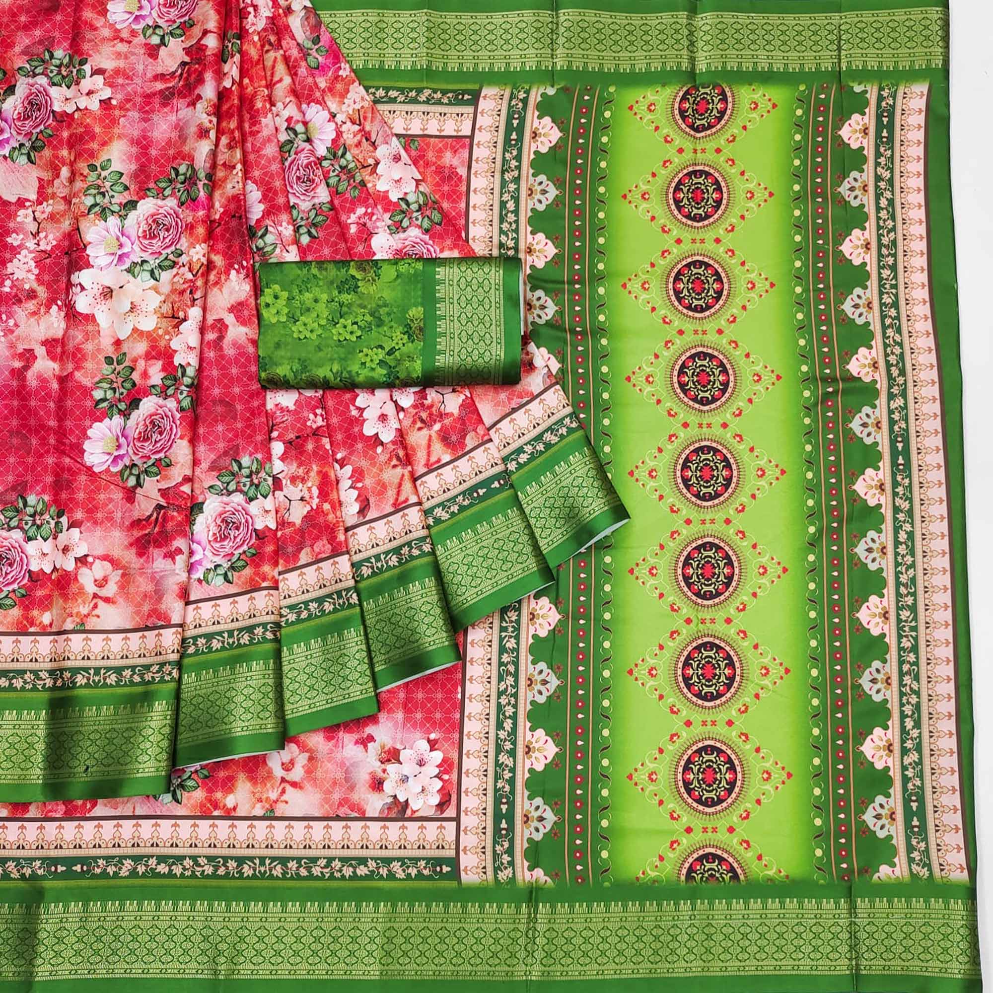 Red Floral Digital Printed Cotton Silk Saree With Woven Border