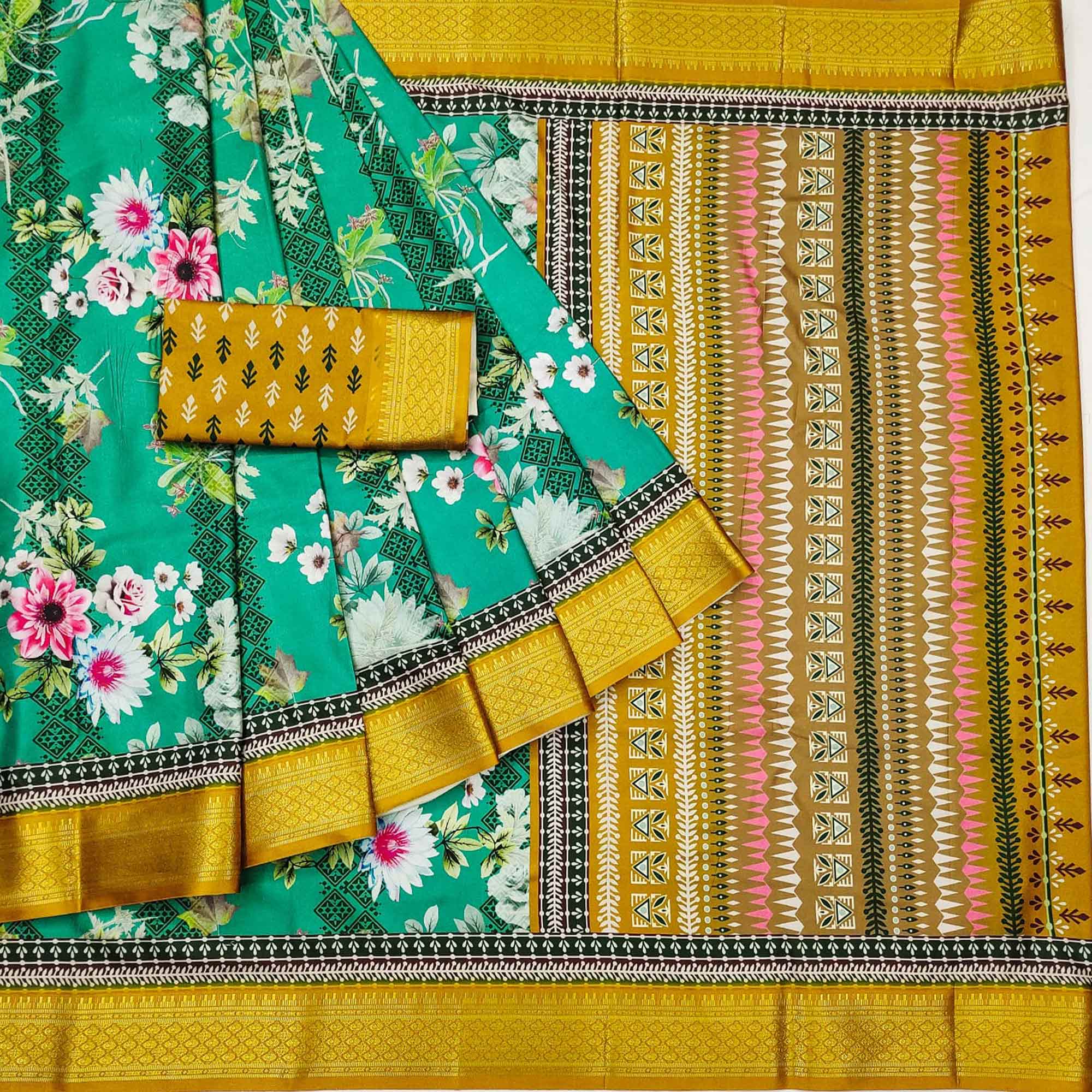Sea Green Floral Digital Printed Cotton Silk Saree With Woven Border