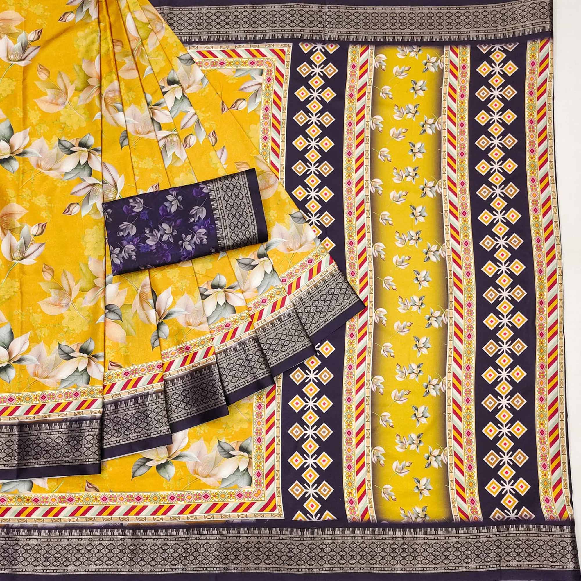 Yellow Floral Digital Printed Cotton Silk Saree With Woven Border