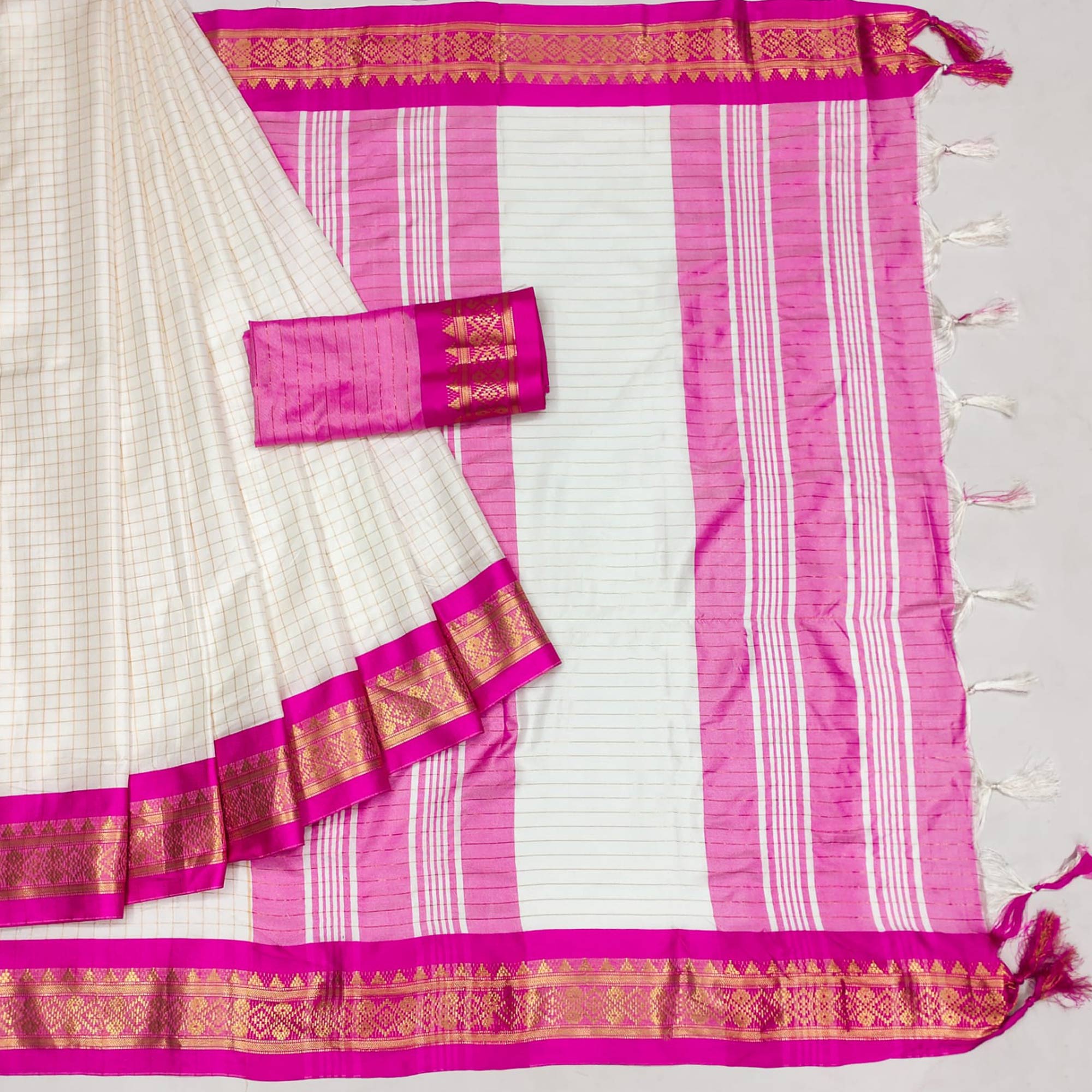 White & Pink Checks With Woven Border Cotton Silk Saree