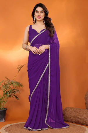 Elegant Dark Violet Saree with Glam Mirror Border