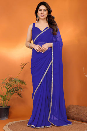 Elegant Royal Blue Saree with Glam Mirror Border