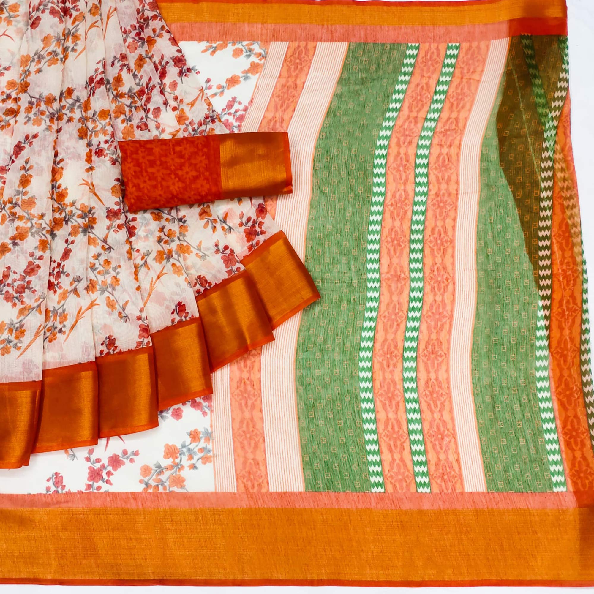 White & Orange Floral Printed Cotton Blend Saree